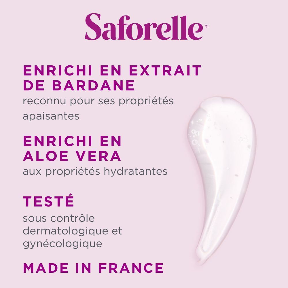 Texte: Saforelle. Enrichi en extrait de bardane et aloe vera. Testé dermatologiquement et gynécologiquement. Fabriqué en France.