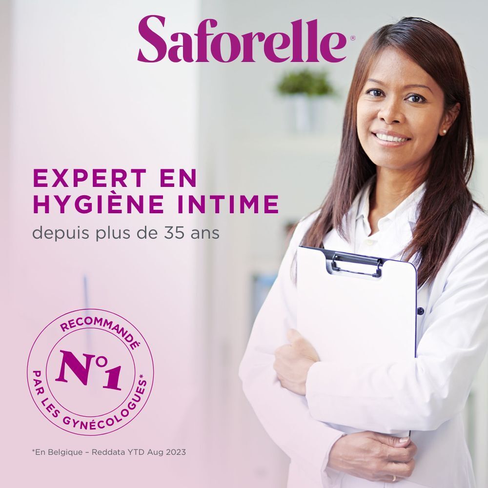 Femme en blouse blanche avec presse-papiers. Texte: Expert en hygiène intime depuis plus de 35 ans. Recommandé par les gynécologues.
