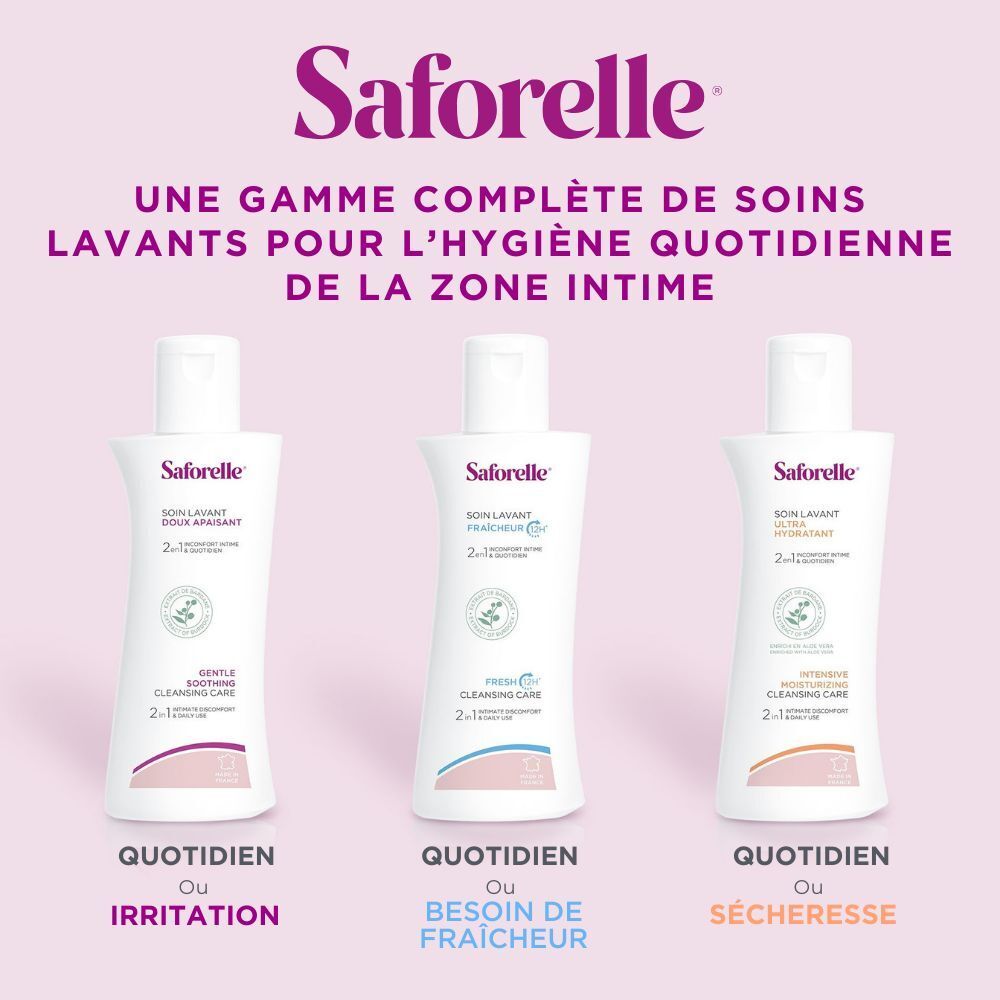 Trois flacons. Texte: Pour irritations, besoin de fraîcheur, sécheresse. Gamme Saforelle.