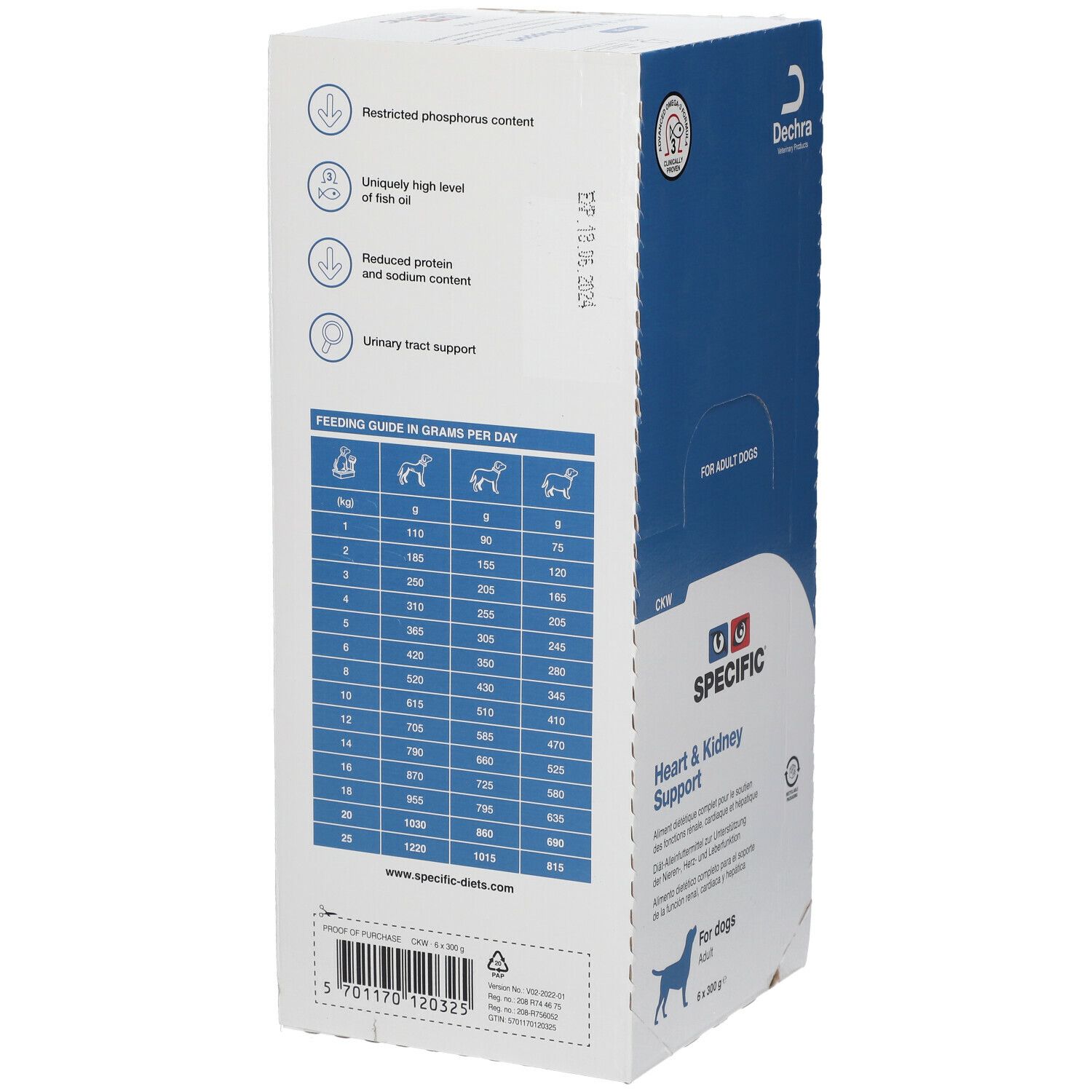 Rückseite der SPECIFIC Heart & Kidney Support-Box. Fütterungstabelle, Produktmerkmale, Dechra-Logo. Für Hunde.