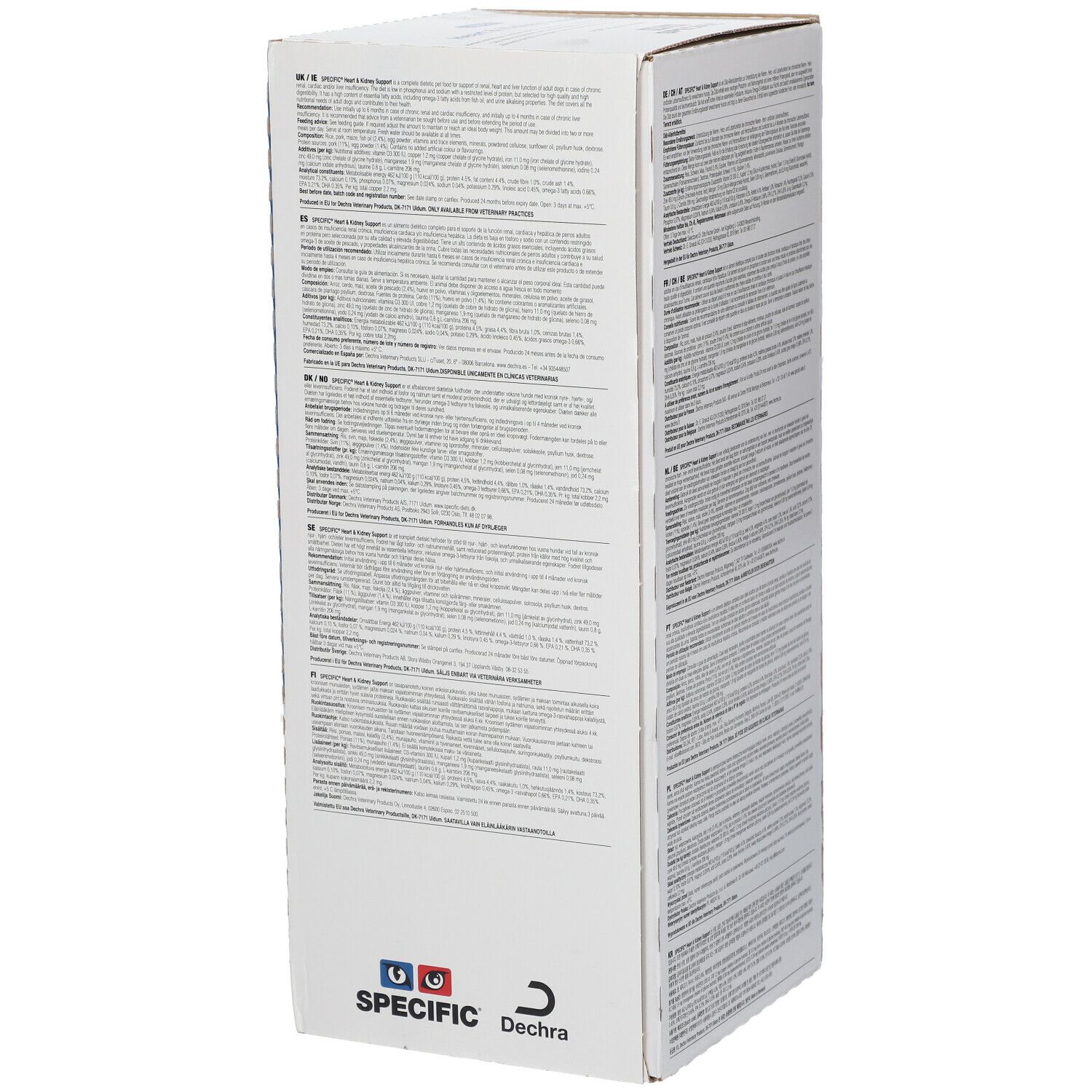 Seitenansicht der SPECIFIC Heart & Kidney Support-Box. Text in mehreren Sprachen. Dechra-Logo. Für Hunde.