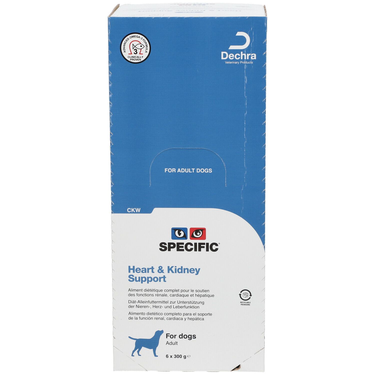 Vorderseite der SPECIFIC Heart & Kidney Support-Box. Logo, Produktname, Text für Hunde. Dechra-Logo. Für erwachsene Hunde.