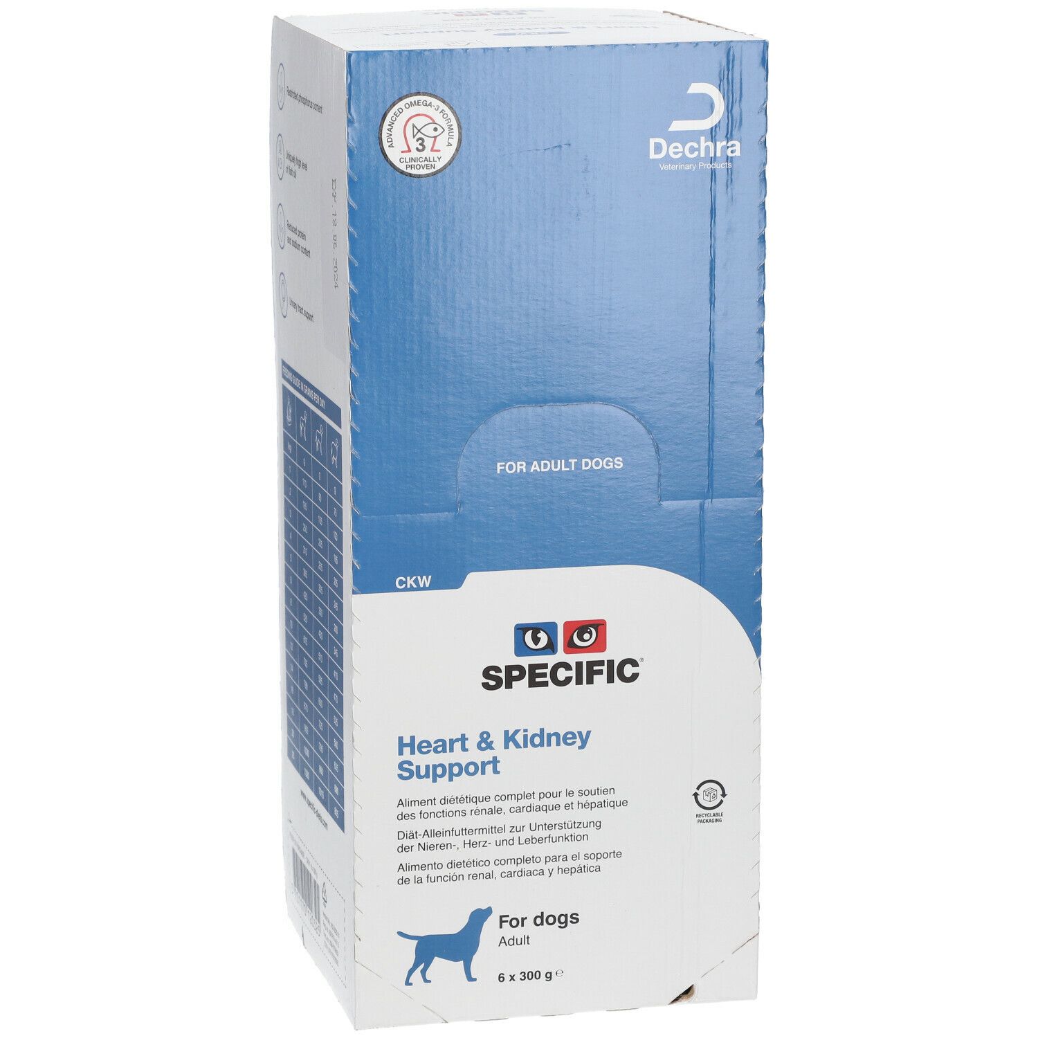 Vorderseite der SPECIFIC Heart & Kidney Support-Box. Logo, Produktname, Text für Hunde. Dechra-Logo. Für erwachsene Hunde.