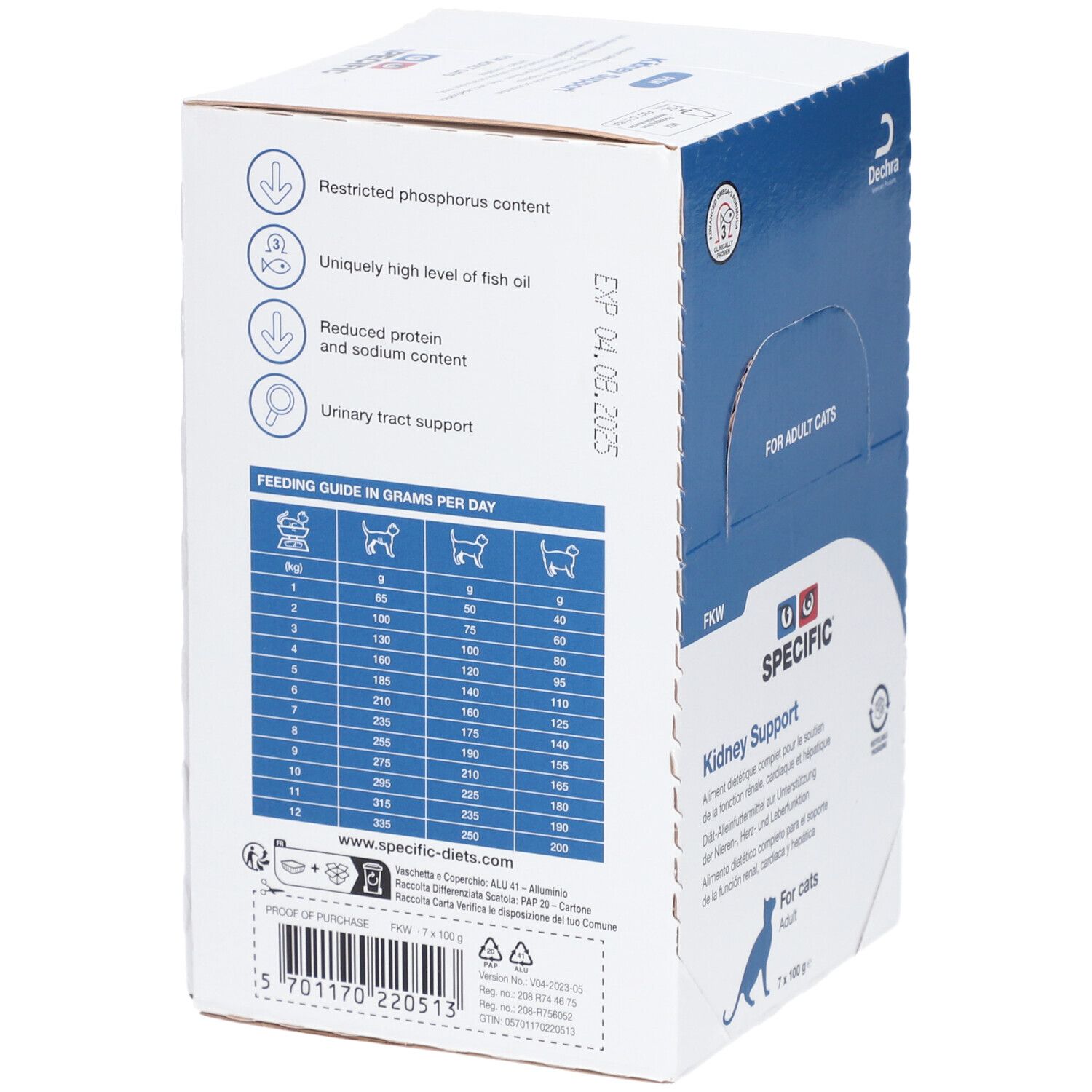 Dos de la boîte Specific Kidney Support. Informations nutritionnelles, tableau de dosage et date de péremption.