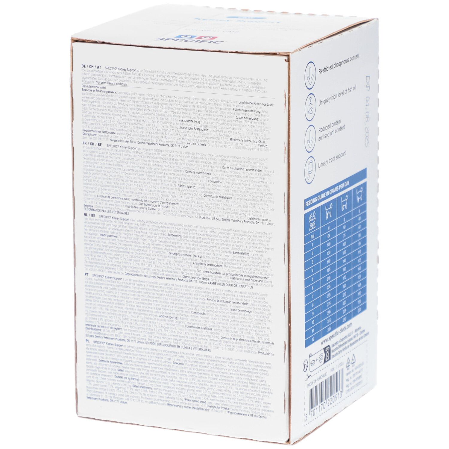 Vue latérale de la boîte Specific Kidney Support. Texte en plusieurs langues. Informations sur le produit.