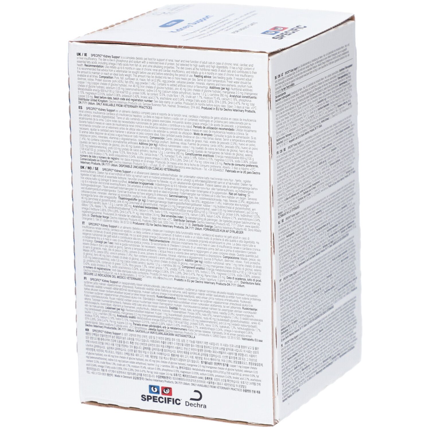 Vue latérale de la boîte Specific Kidney Support. Texte en plusieurs langues. Informations sur le produit.