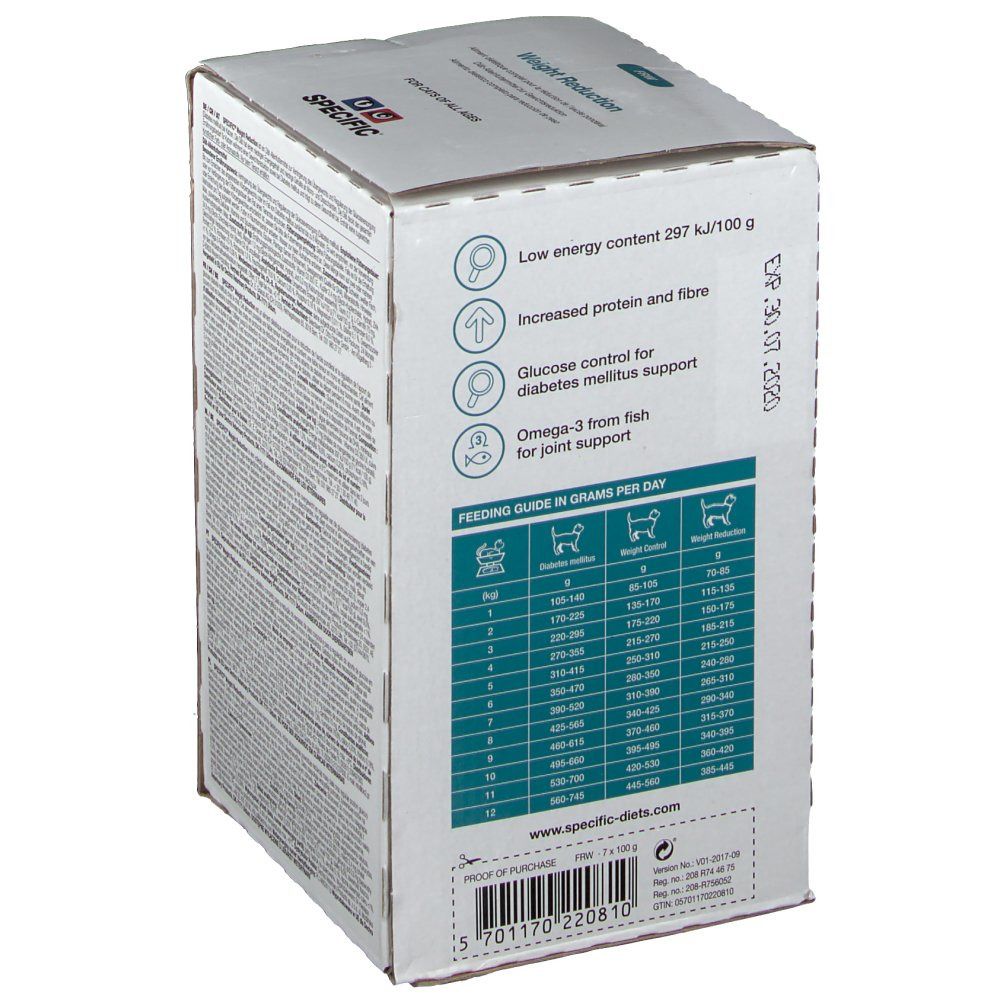Boîte SPECIFIC Weight Reduction. Côté avec informations nutritionnelles et recommandations d'alimentation. Logo Dechra.