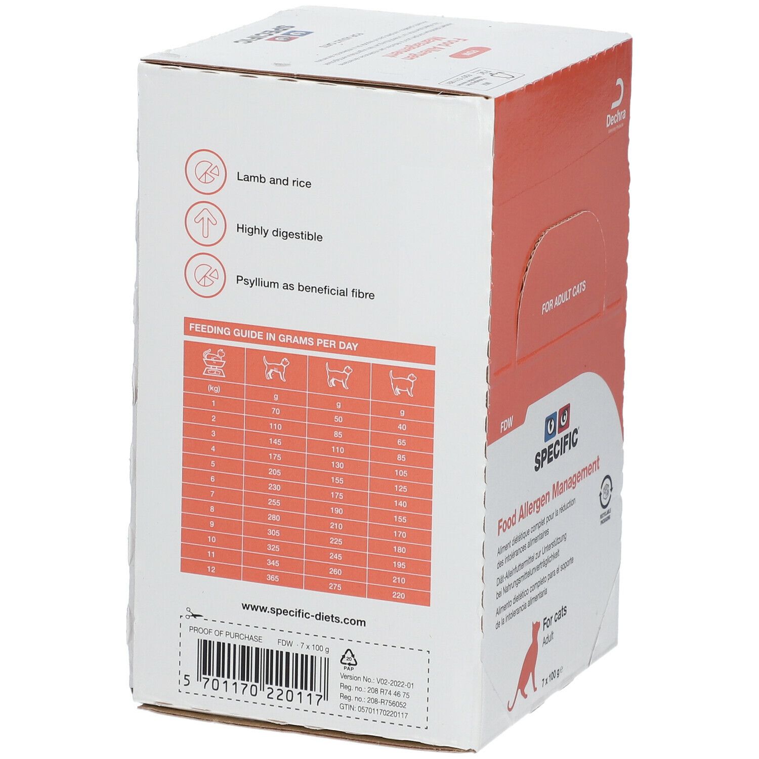 Rückseite der SPECIFIC FDW Allergen Management Katze adult Verpackung. Enthält Informationen zu Fütterungsempfehlungen und Inhaltsstoffen.