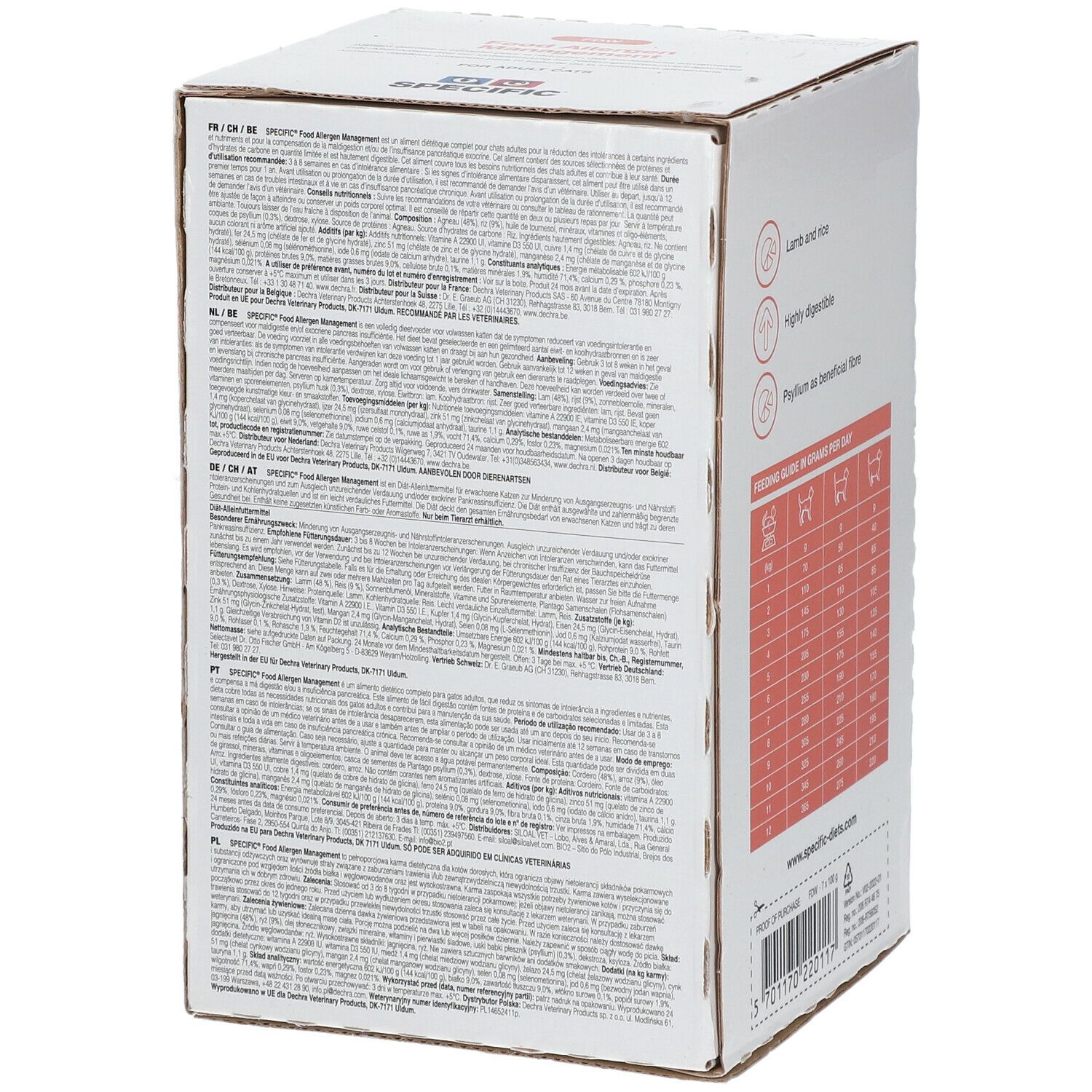 Seite der SPECIFIC FDW Allergen Management Katze adult Verpackung. Enthält Text in mehreren Sprachen und Informationen zum Produkt.