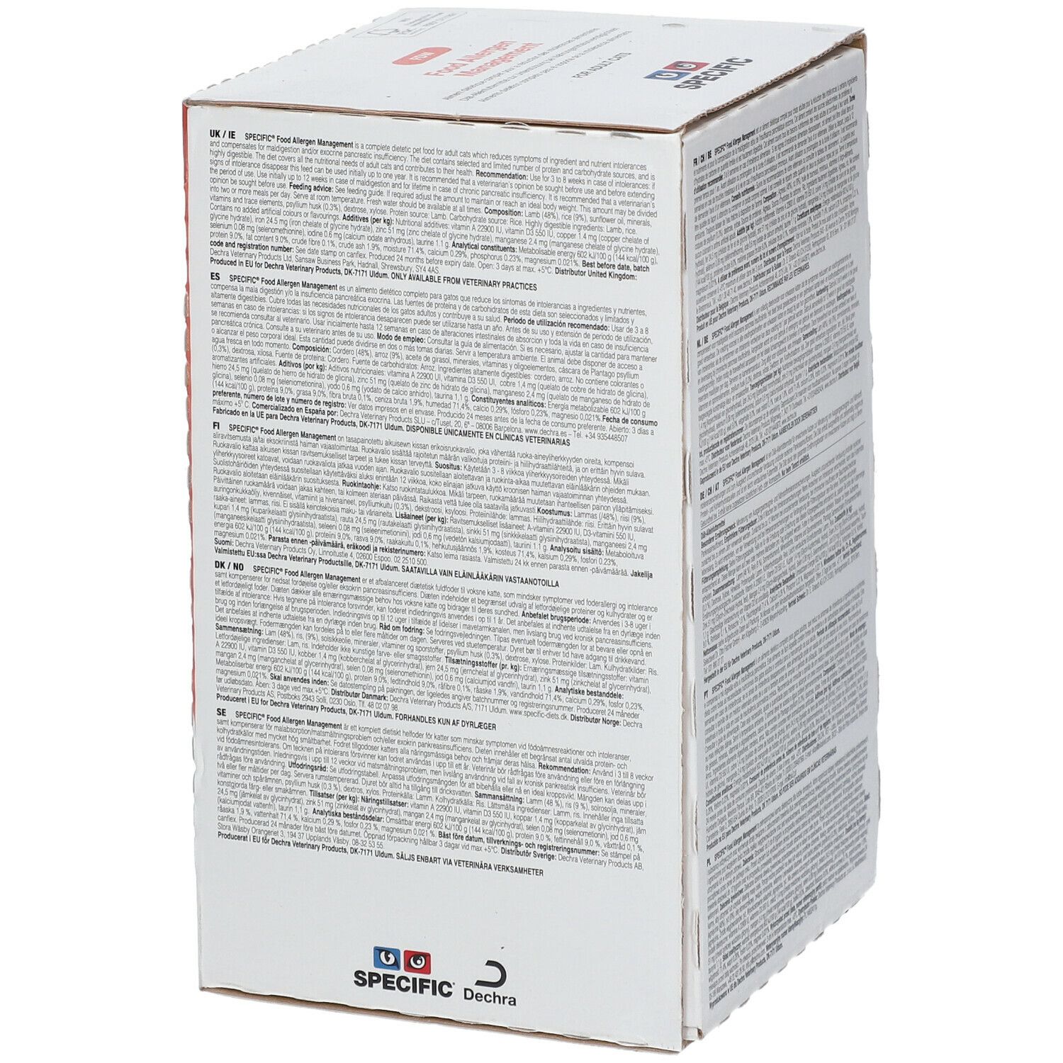 Seite der SPECIFIC FDW Allergen Management Katze adult Verpackung. Enthält Text in mehreren Sprachen und Informationen zum Produkt.