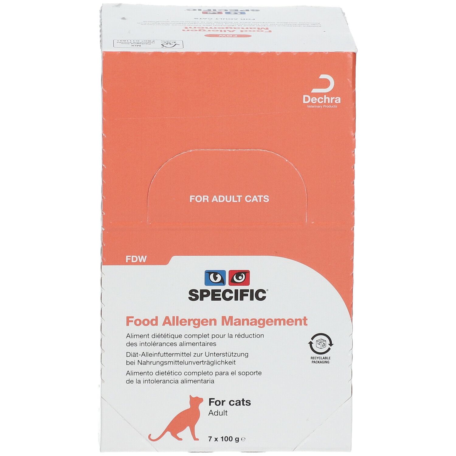 Karton SPECIFIC FDW Allergen Management Katze adult. Orange-weiß. Text: Food Allergen Management, für erwachsene Katzen, 7 x 100g.