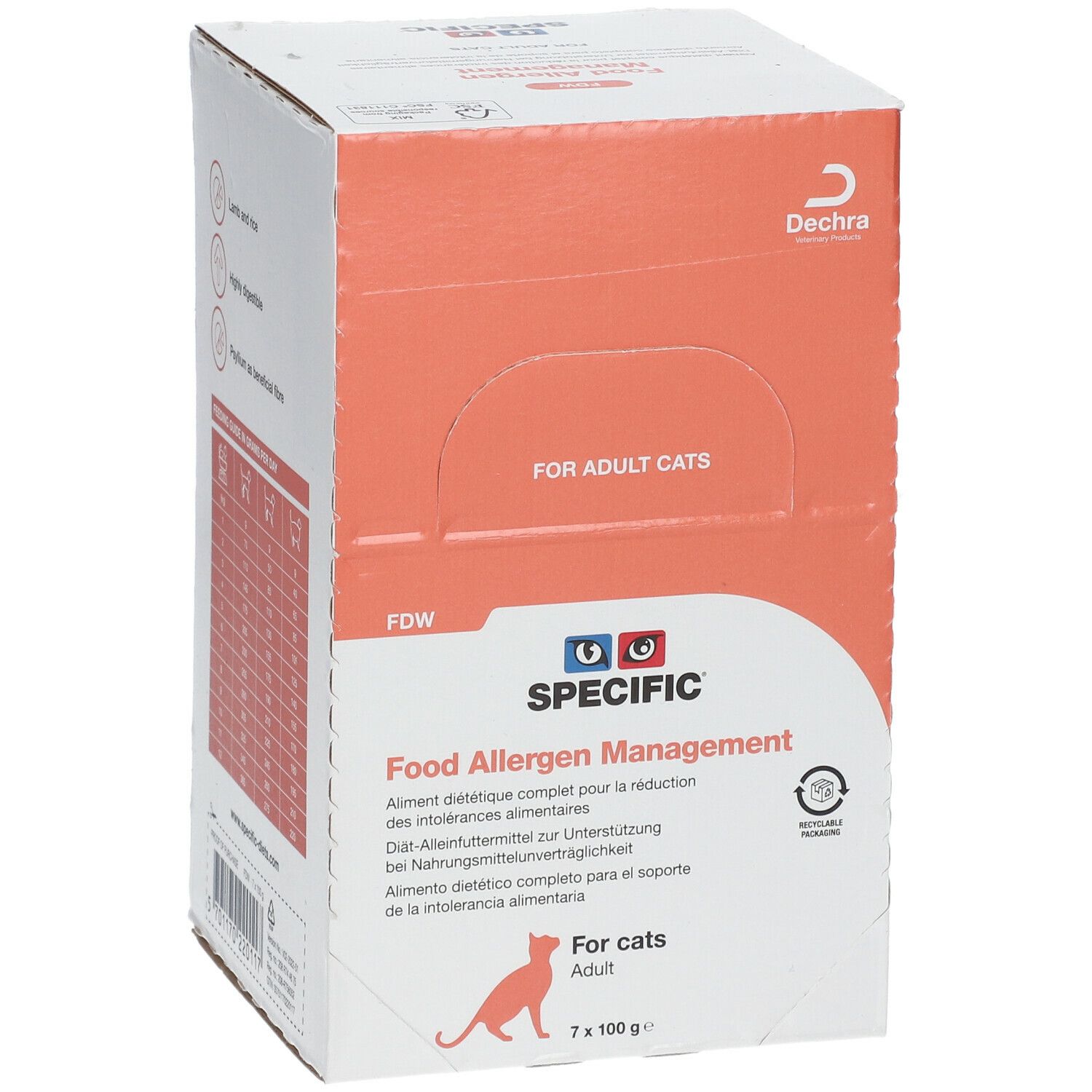 Karton SPECIFIC FDW Allergen Management Katze adult. Orange-weiß. Text: Food Allergen Management, für erwachsene Katzen, 7 x 100g.