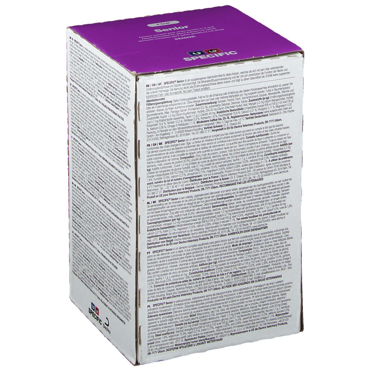 Karton SPECIFIC Senior Katzenfutter. Lila-weißes Design. Rückseite mit Text in verschiedenen Sprachen. Enthält 7 x 100g Beutel.