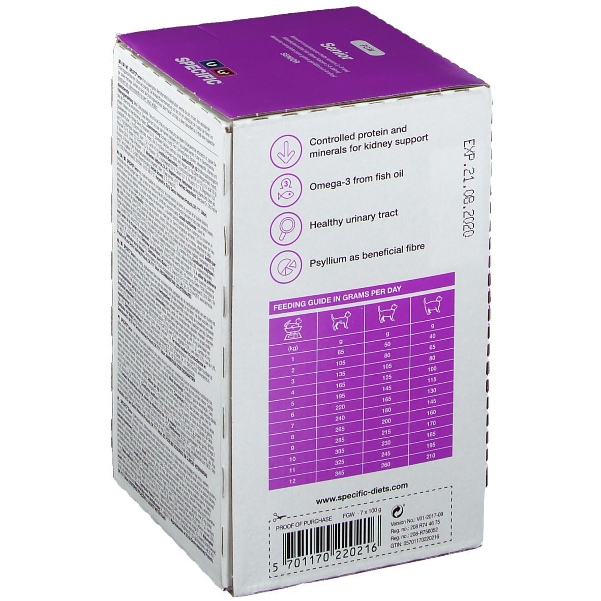 Karton SPECIFIC Senior Katzenfutter. Lila-weißes Design. Text: "Controlled protein", "Omega-3", "Healthy urinary tract".