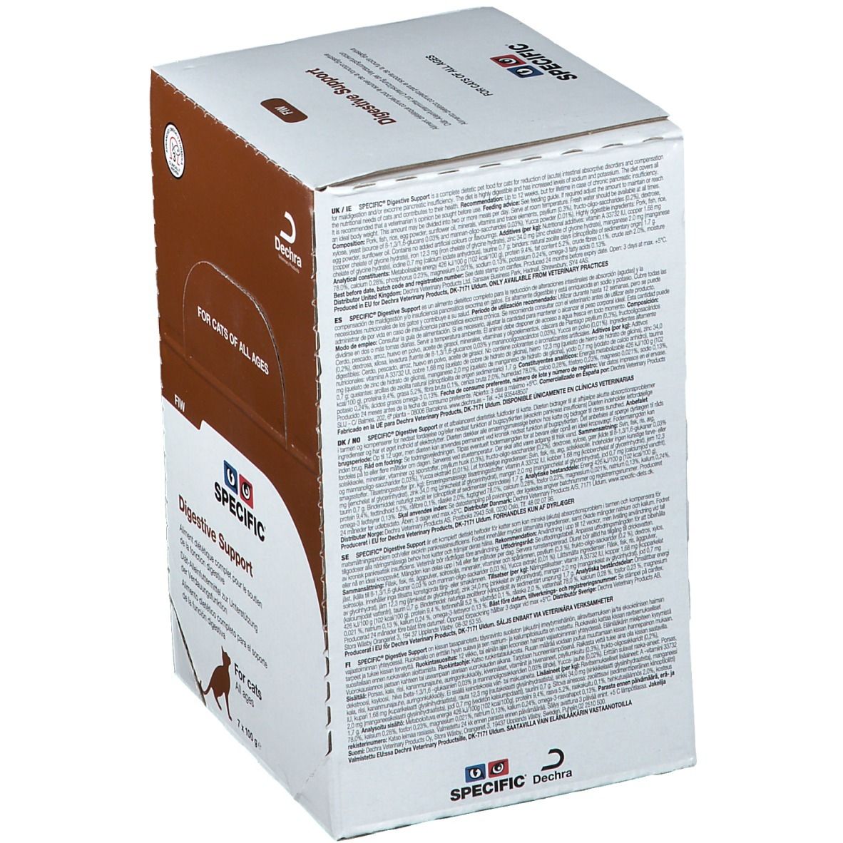 Dos de la boîte "SPECIFIC Digestive Support". Texte multilingue, logo et informations sur le produit.
