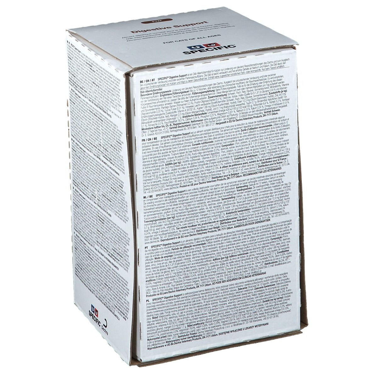 Vue latérale de la boîte "SPECIFIC Digestive Support". Texte multilingue, logo et informations sur le produit.