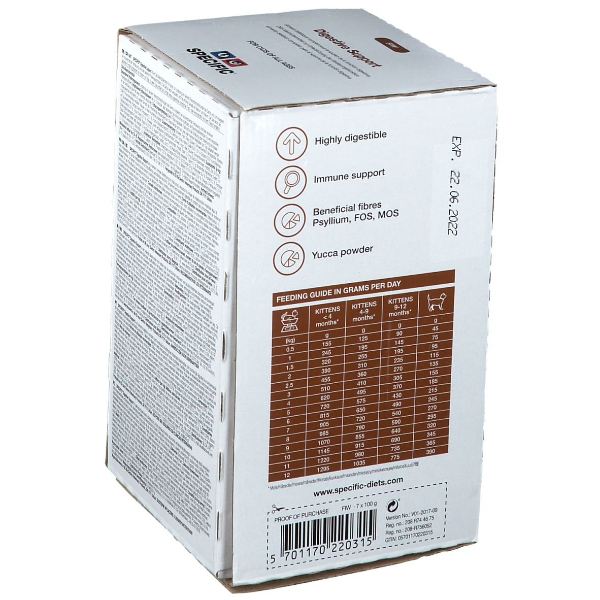 Dos de la boîte "SPECIFIC Digestive Support" avec recommandations d'alimentation et informations produit.