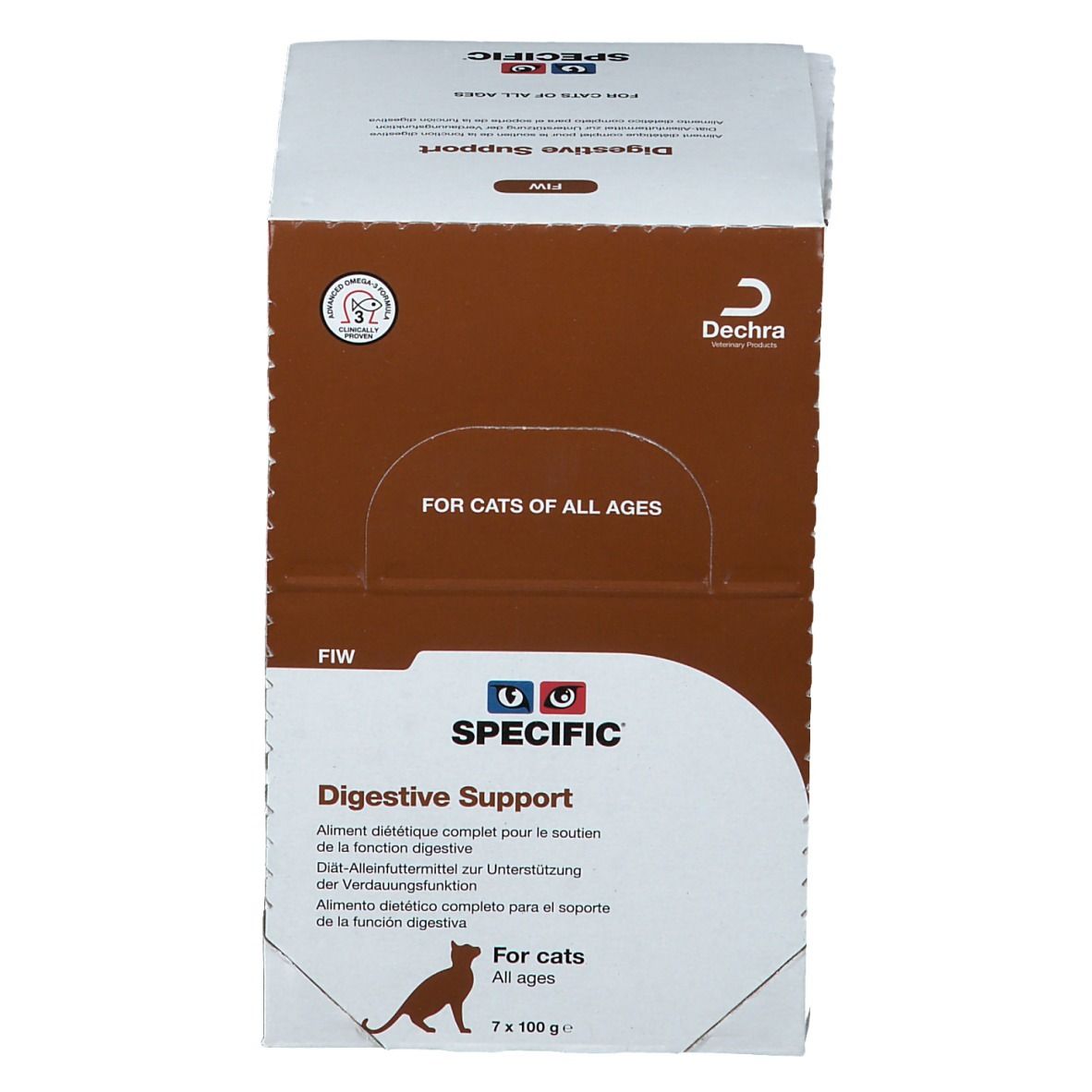 Face avant de la boîte "SPECIFIC Digestive Support". Logo, nom du produit et informations pour chats de tous âges.
