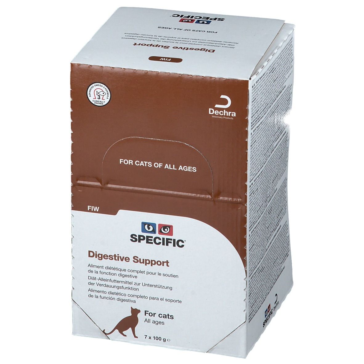 Vue en biais de la boîte "SPECIFIC Digestive Support". Logo, nom du produit et informations pour chats de tous âges.
