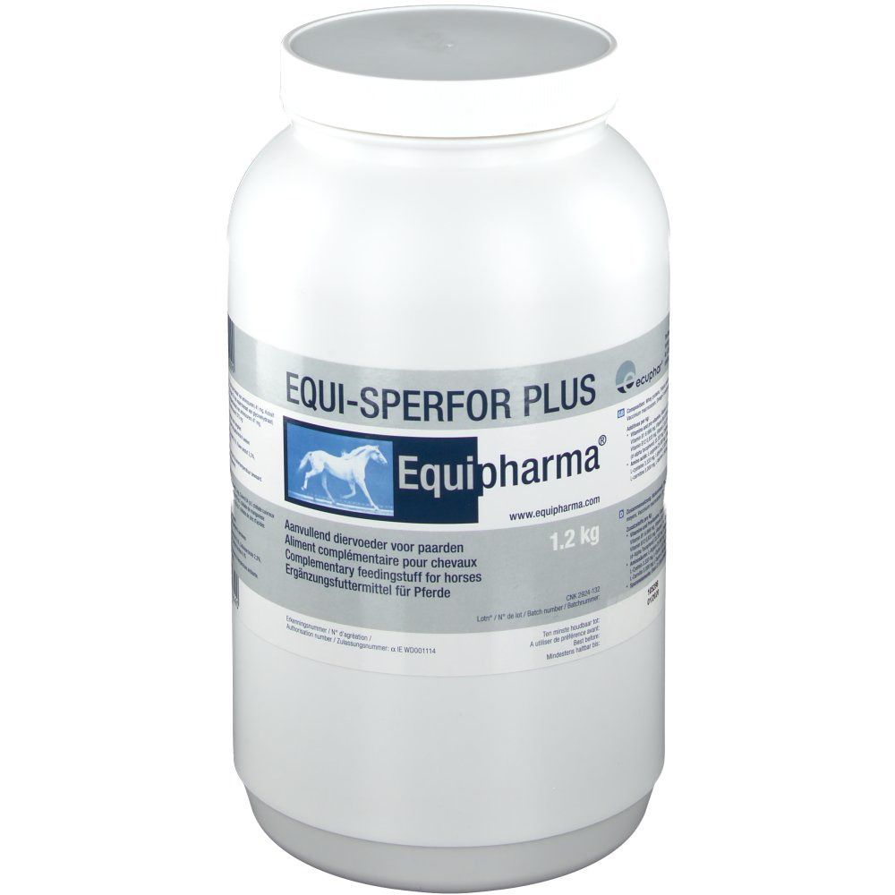 Pot blanc avec couvercle. Inscription: EQUI-SPERFOR PLUS, Equipharm. Image d'un cheval. 1,2 kg.
