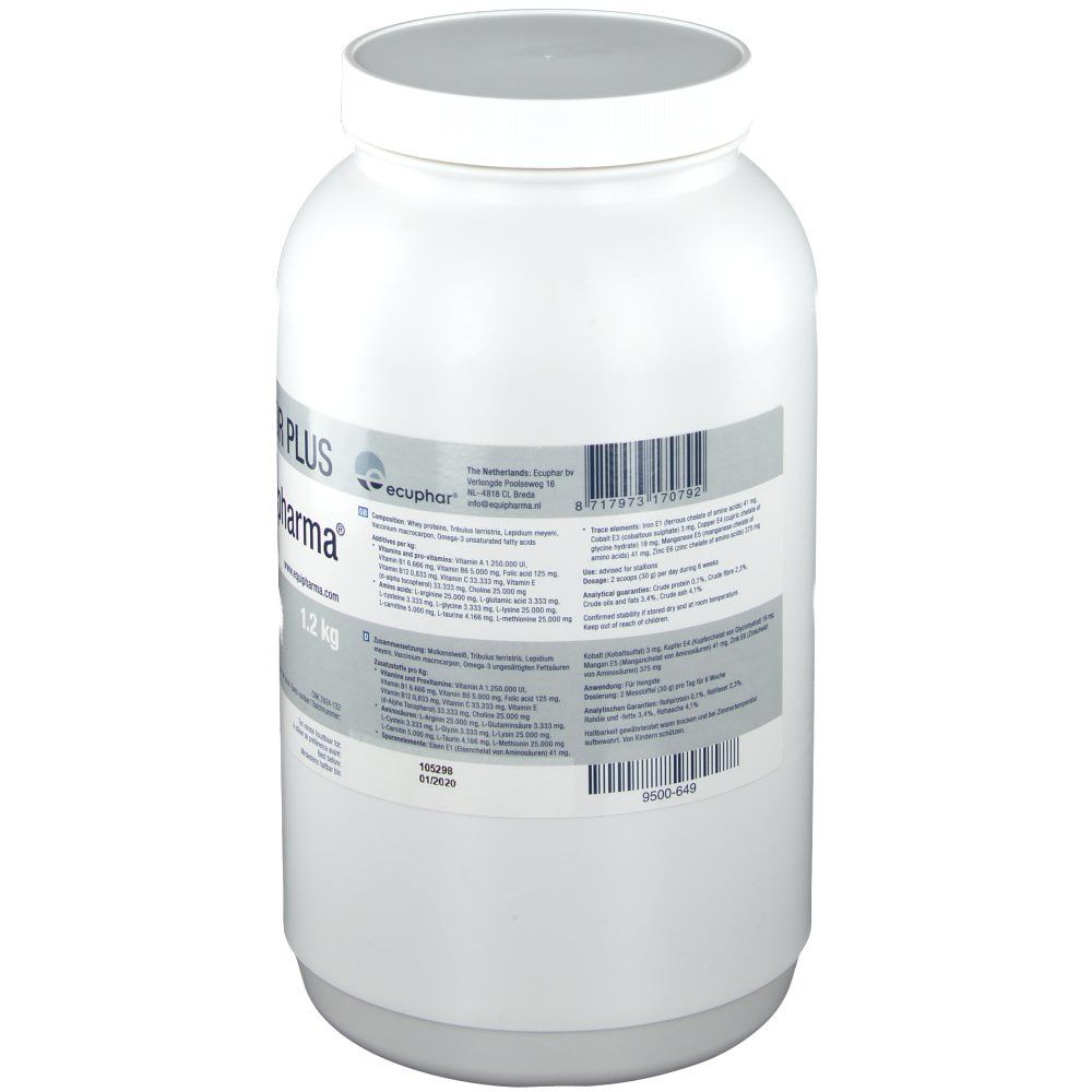 Pot blanc avec couvercle. Dos avec étiquette. Code-barres et texte. 1,2 kg.