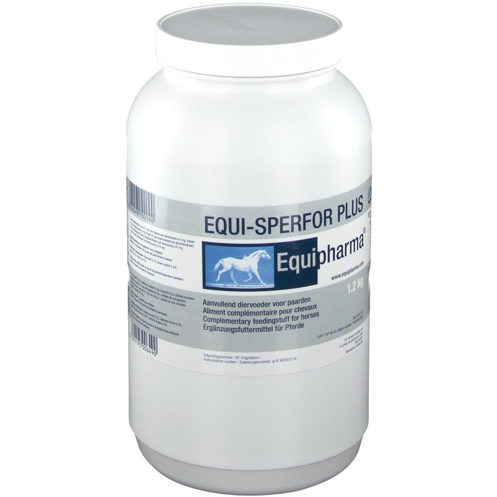 Pot blanc avec couvercle. Inscription: EQUI-SPERFOR PLUS, Equipharm. Image d'un cheval. 1,2 kg.