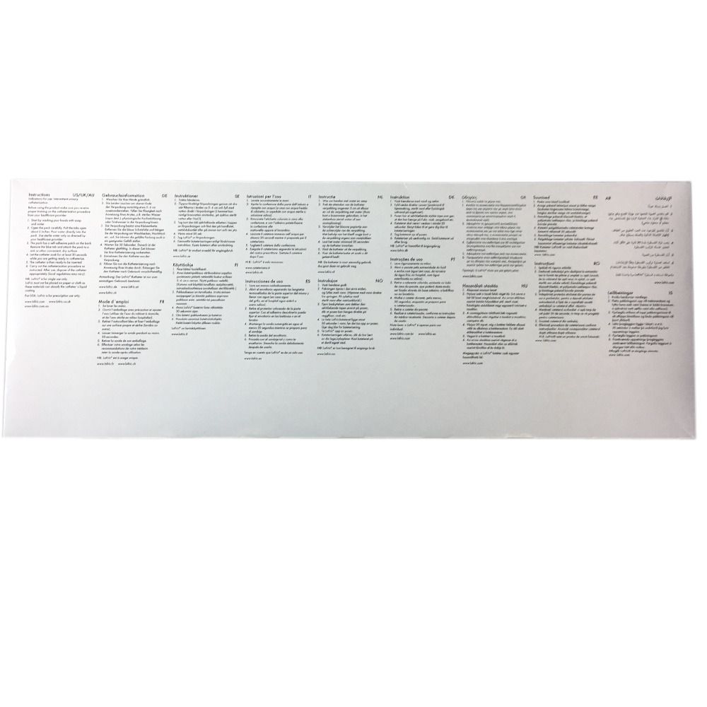 Rückseite der LoFric-Verpackung. Weißer Hintergrund mit Text in mehreren Sprachen. Produktinformationen.
