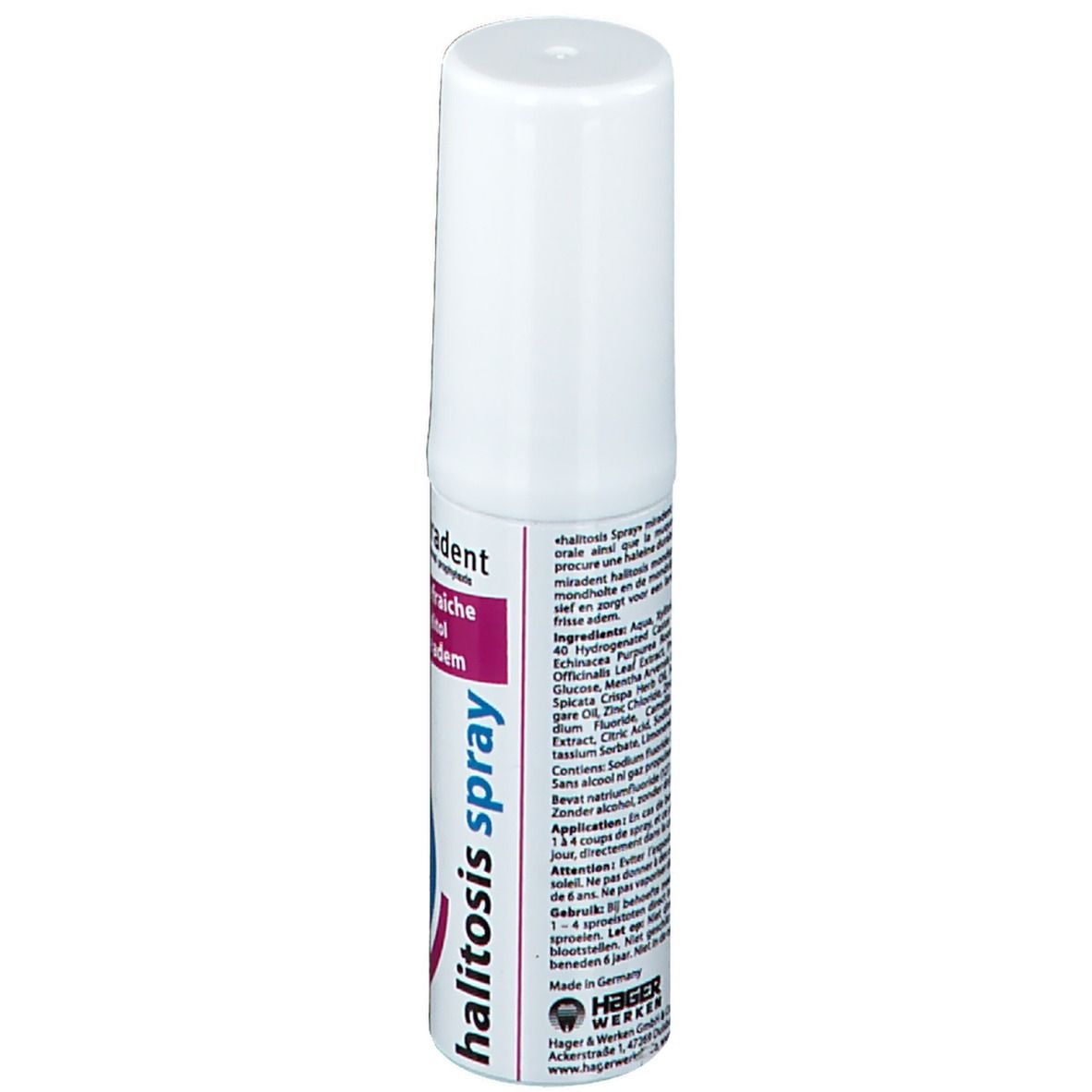 Spray blanc avec texte au dos. Texte: halitosis spray, utilisation, ingrédients, Fabriqué en Allemagne, Hager & Werken.