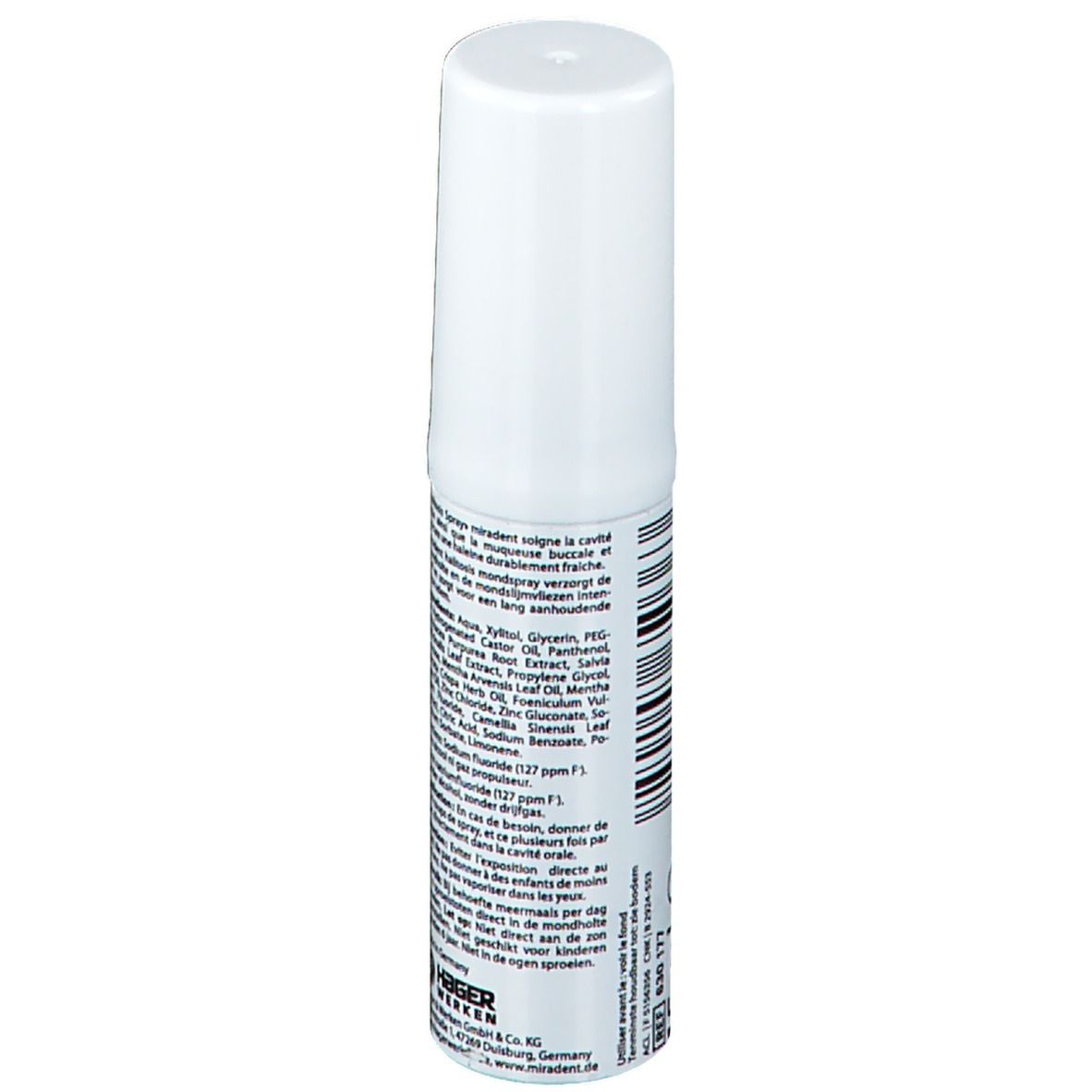 Spray blanc avec texte au dos. Texte: halitosis spray, utilisation, ingrédients, Fabriqué en Allemagne, Hager & Werken.