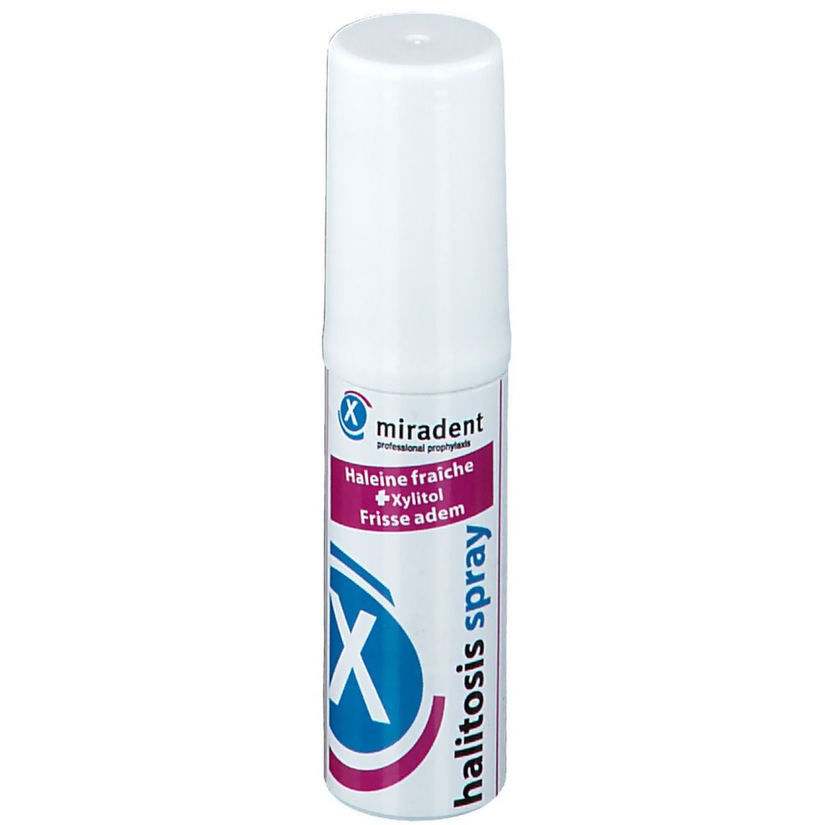 Spray blanc avec étiquette bleu-violet. Texte: miradent, halitosis spray, Haleine fraîche + Xylitol, Frisse adem.
