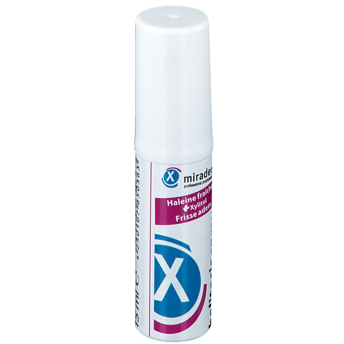 Spray blanc avec étiquette bleu-violet. Texte: miradent, halitosis spray, Haleine fraîche + Xylitol, Frisse adem, 15 ml.