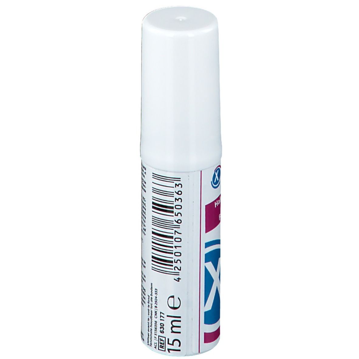 Spray blanc avec texte et code-barres. Texte: 15 ml, miradent, Fabriqué en Allemagne, numéro de lot.