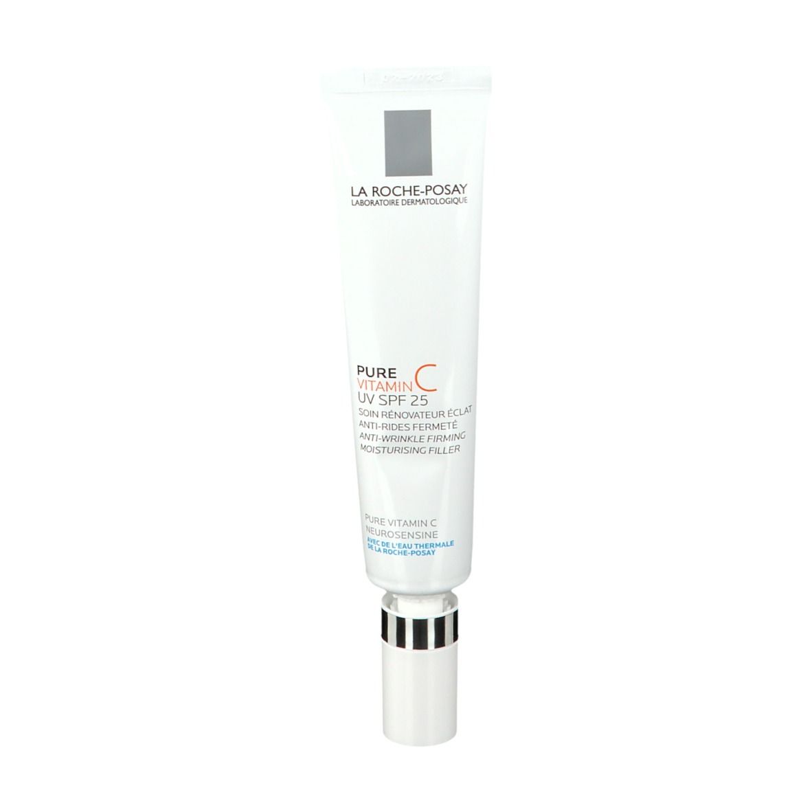 Tube blanc Pure Vitamin C UV SPF 25. Contient du texte. Bouchon argenté.