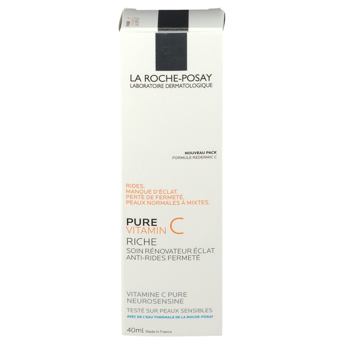 Boîte en carton. Contient du texte. Blanc avec des éléments noirs et gris. Marque La Roche-Posay.