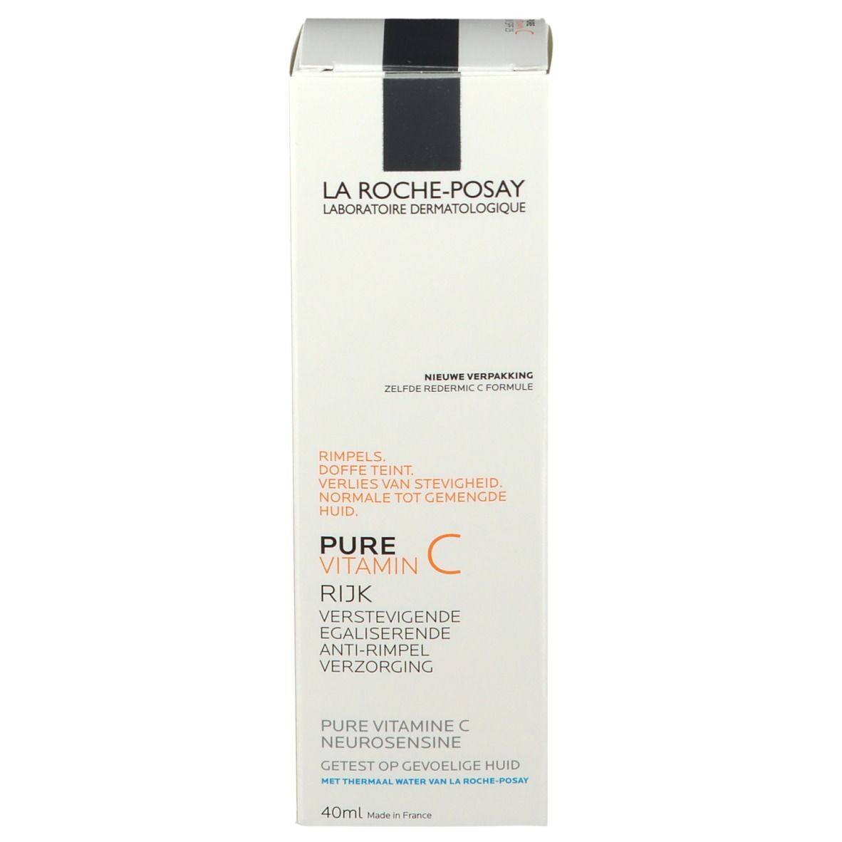 Boîte en carton. Contient du texte. Blanc avec des éléments noirs et gris. Marque La Roche-Posay.