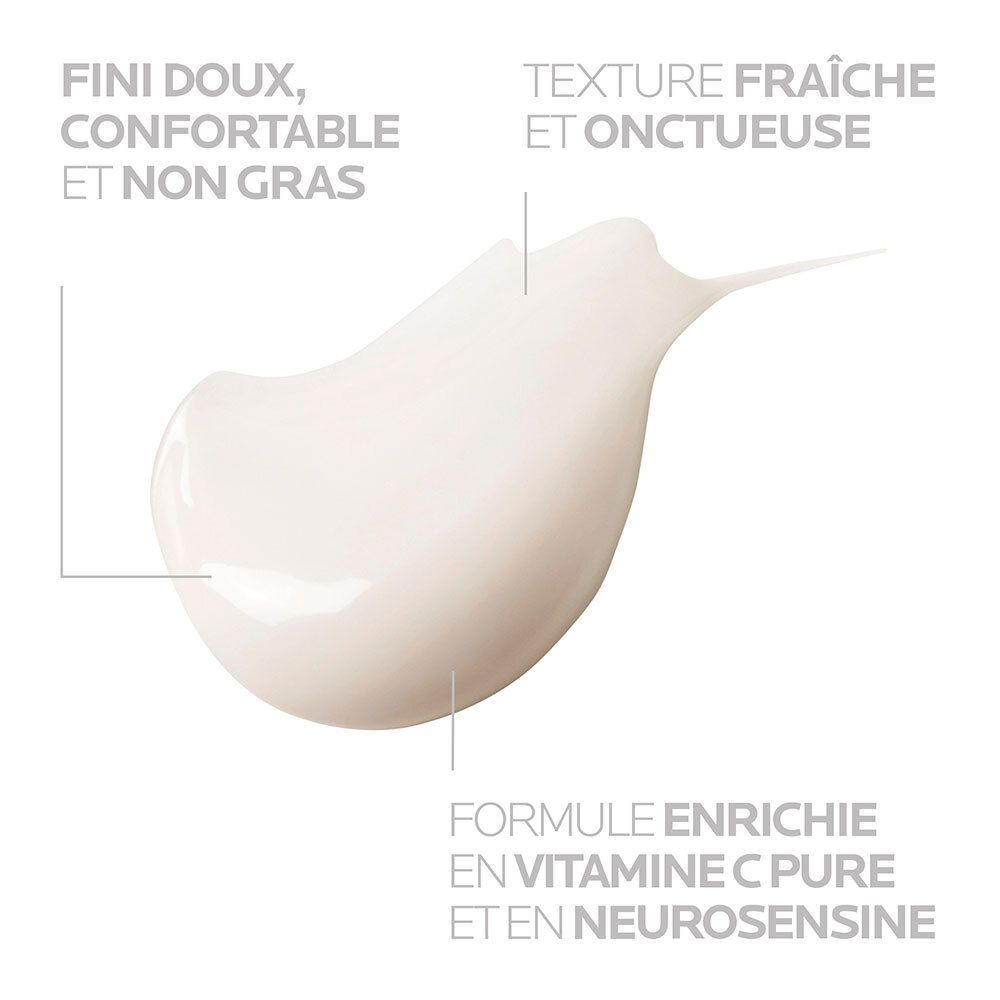 Crèmetextuur met tekst. Formule met vitamine C en Neurosensine.