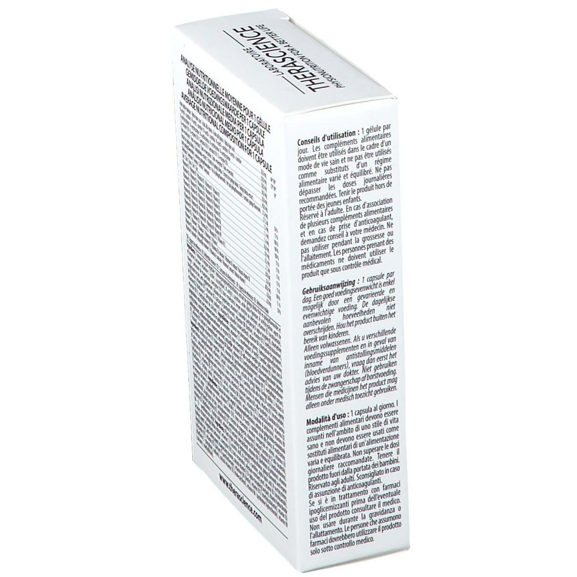 Rückseite der Schachtel mit Text. Enthält Gebrauchsanweisungen und Inhaltsstoffe. Marke: THERASCIENCE.