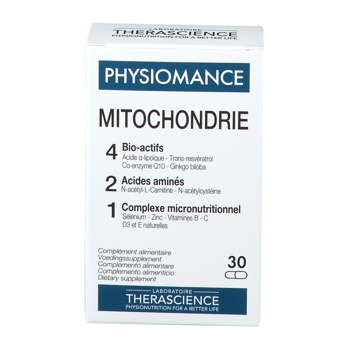 Weiße Schachtel mit blauer Schrift. Aufschrift: PHYSIOMANCE MITOCHONDRIE. Enthält 30 Kapseln. Angaben zu Inhaltsstoffen.