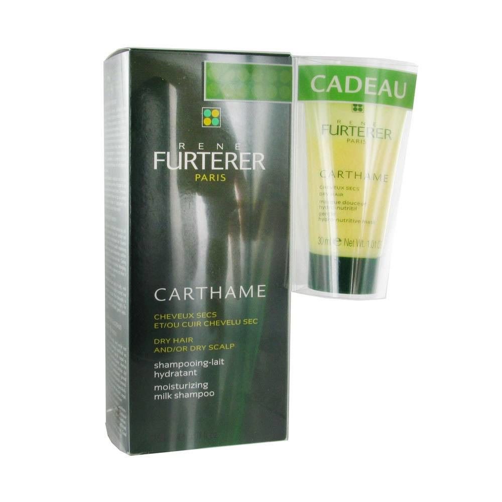 Doos en tube shampoo. Opschrift: Carthame, Rene Furterer. Voor droog haar en hoofdhuid. Cadeauverpakking.
