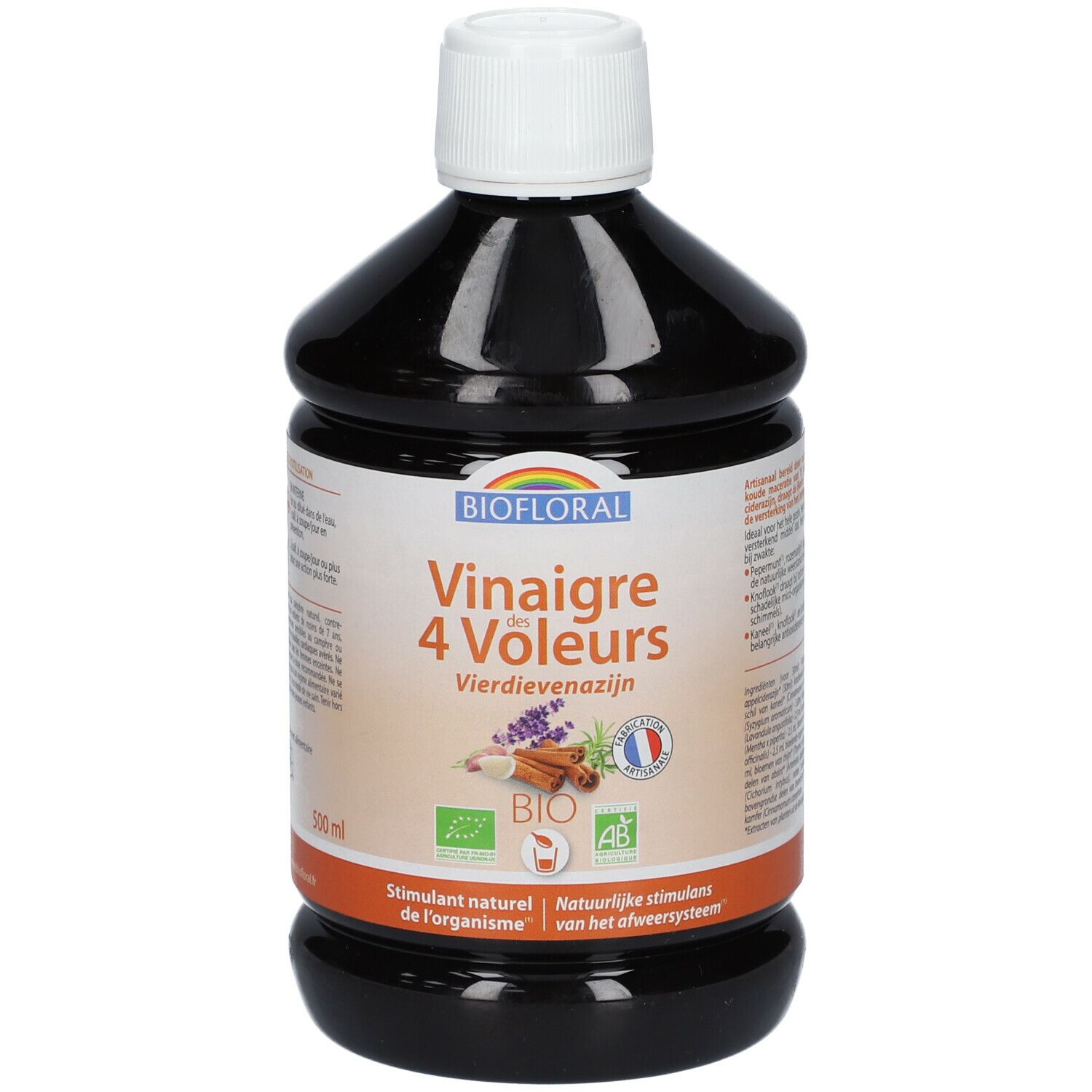 Bruine fles met witte dop. Opschrift: Biofloral Vinaigre des 4 Voleurs. Bio-keurmerk en Frans AB-keurmerk.