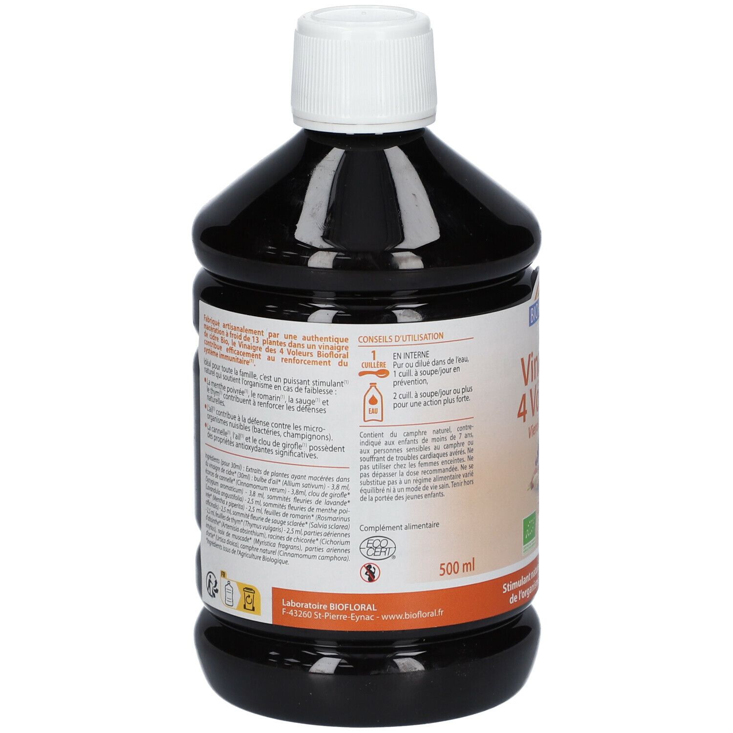 Achterkant van de bruine fles. Tekst met ingrediënten en gebruiksaanwijzingen. Biofloral-logo en Frans AB-keurmerk.