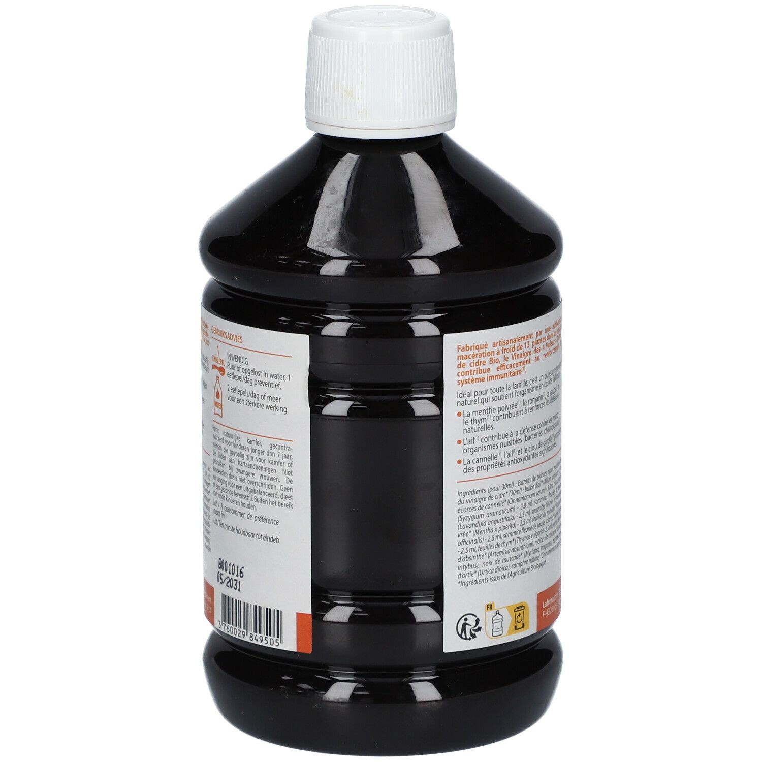 Bruine fles met witte dop. Sticker met informatie en barcode. Biofloral-logo en Frans AB-keurmerk.