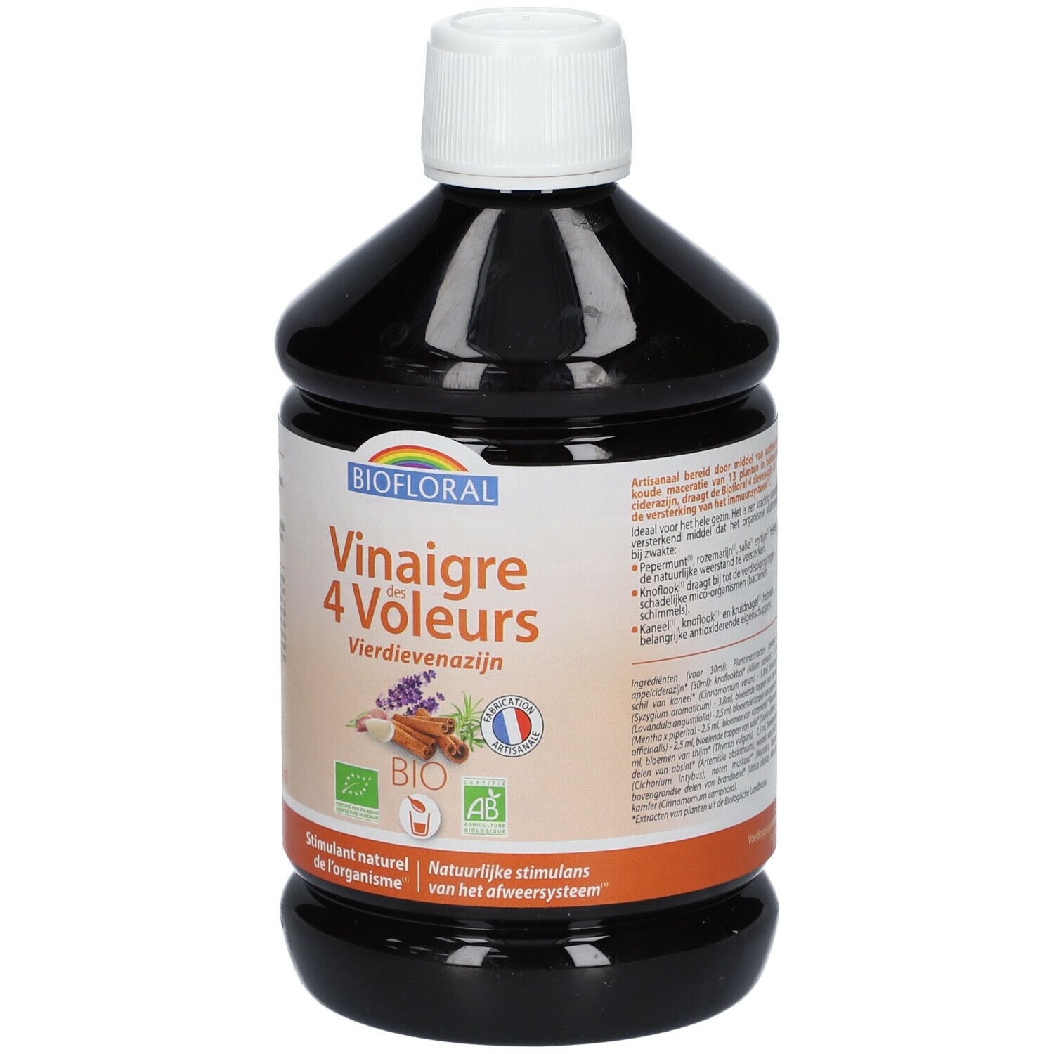 Bruine fles met witte dop. Opschrift: Biofloral Vinaigre des 4 Voleurs. Bio-keurmerk en Frans AB-keurmerk.