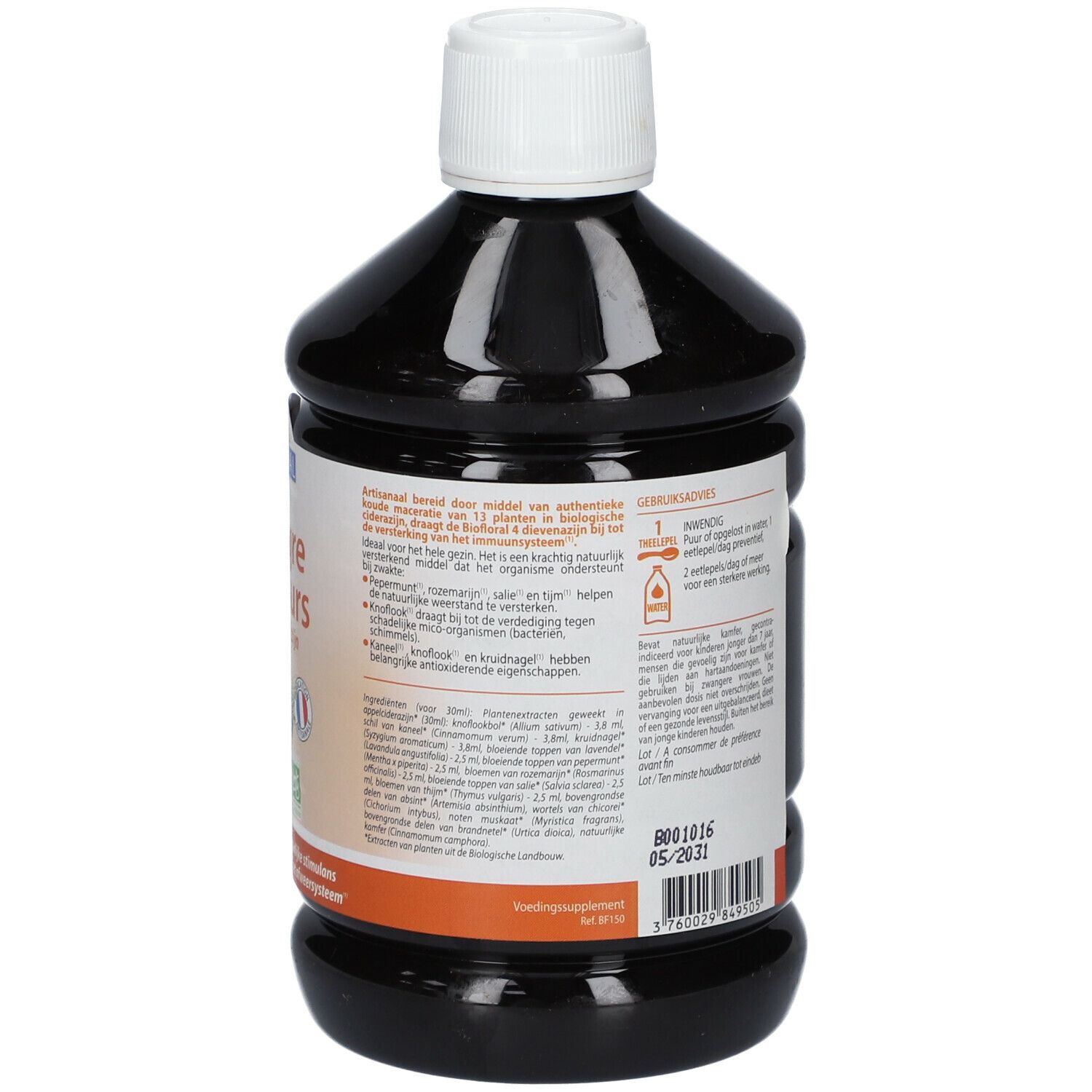 Achterkant van de bruine fles. Tekst met ingrediënten en gebruiksaanwijzingen. Biofloral-logo en Frans AB-keurmerk.