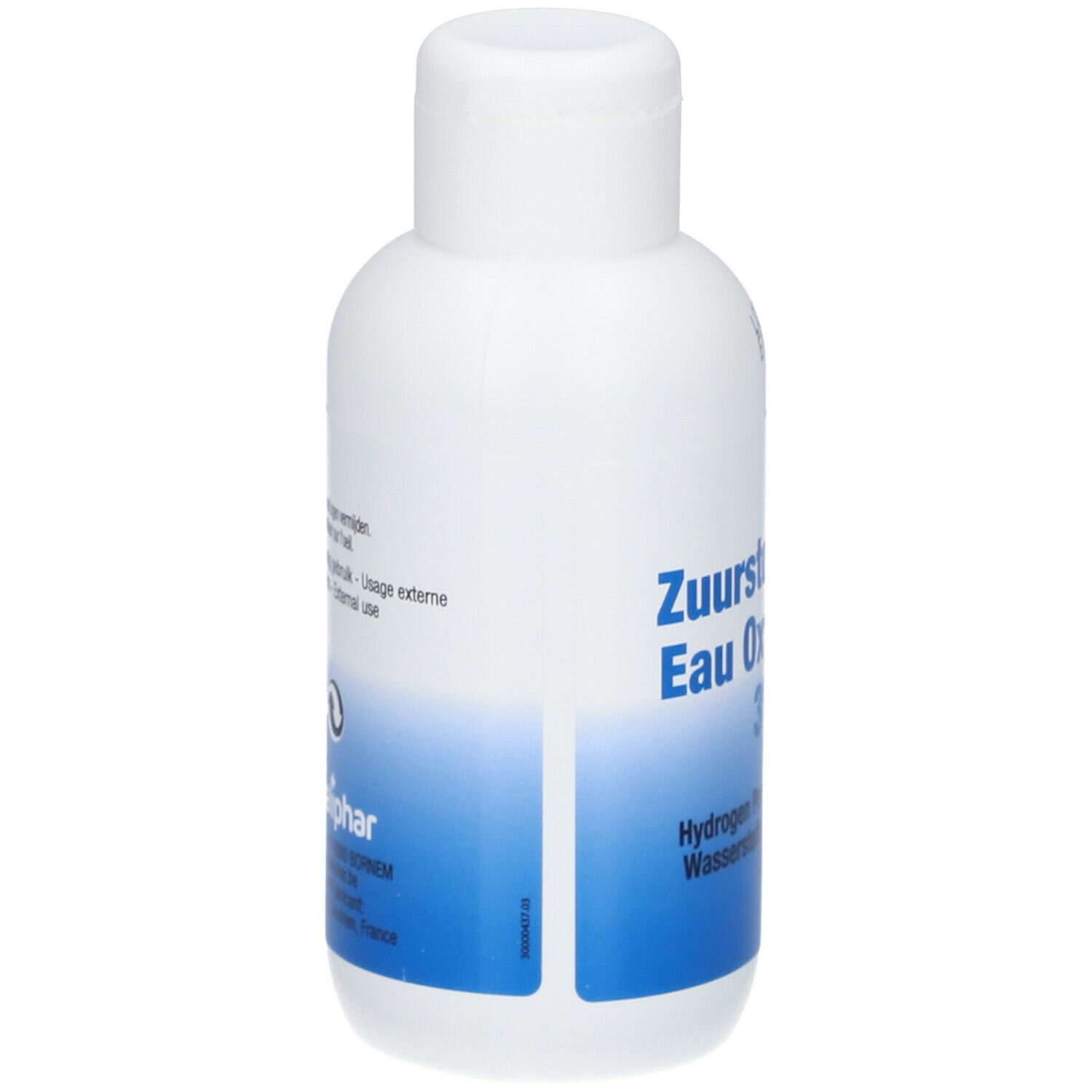 Flacon blanc avec étiquette bleue. Inscription: Zuurstofwater Eau Oxygénée 3%. Contient une solution de peroxyde d'hydrogène.