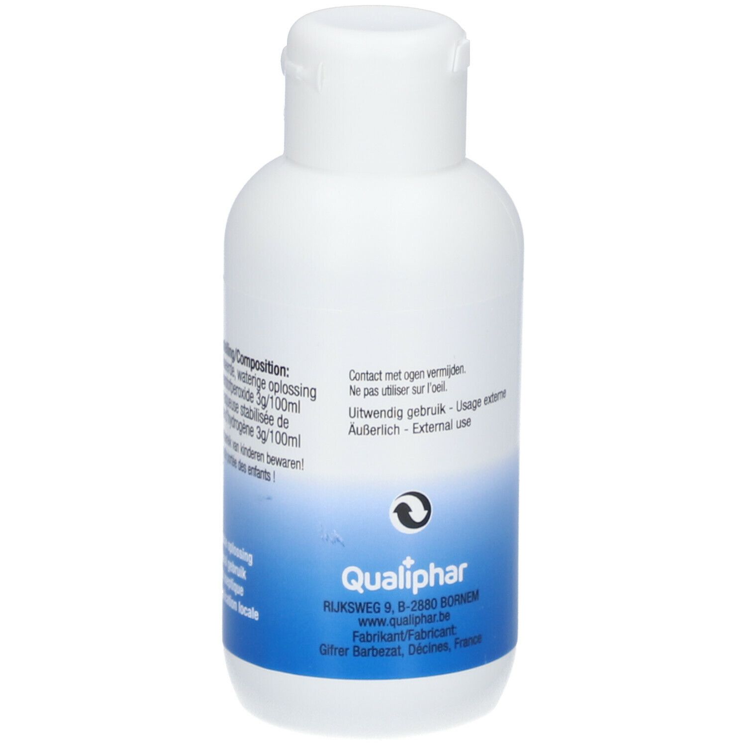 Flacon blanc avec étiquette bleue. Inscription: Zuurstofwater Eau Oxygénée 3%. Contient une solution de peroxyde d'hydrogène.