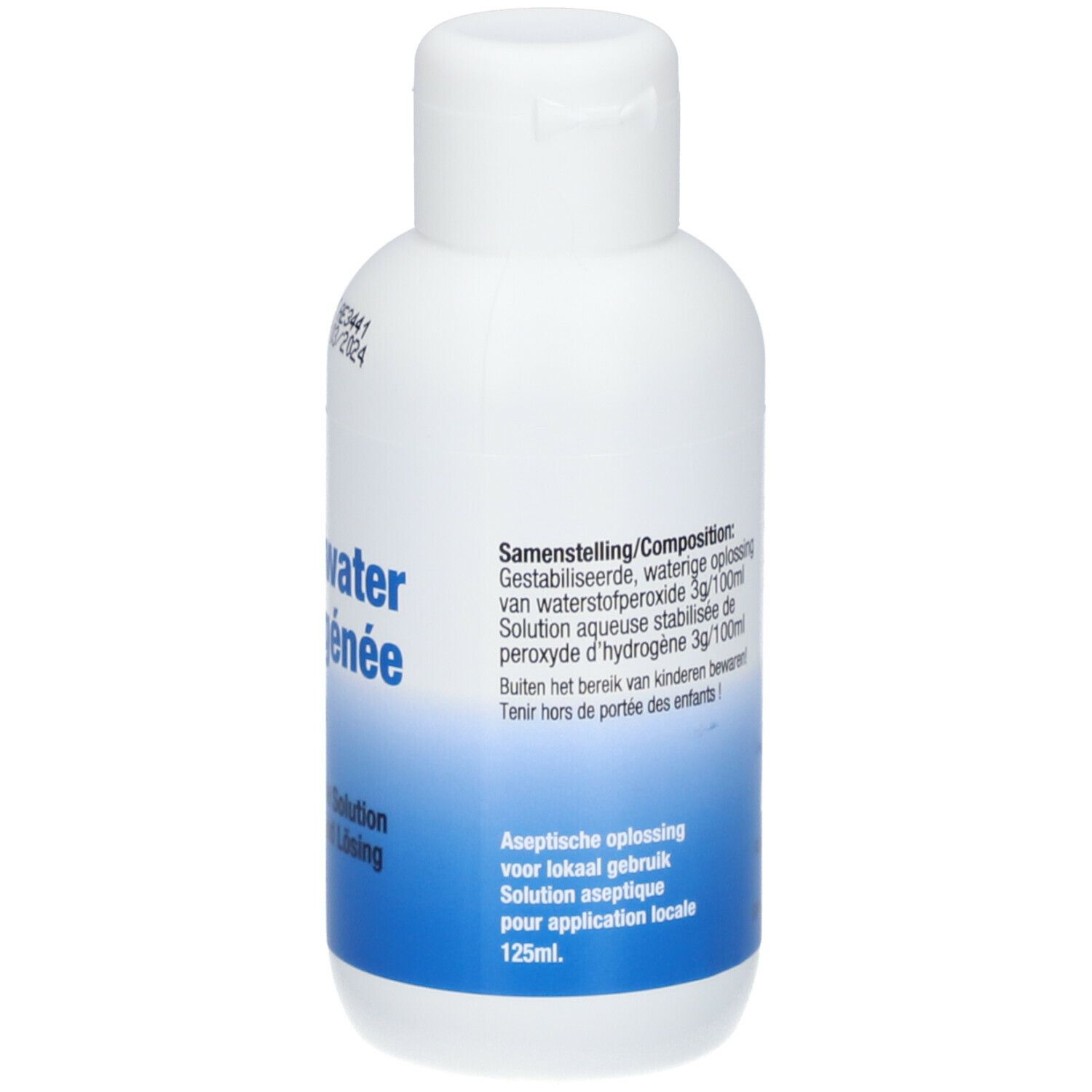 Flacon blanc avec étiquette bleue. Inscription: Zuurstofwater Eau Oxygénée 3%. Contient une solution de peroxyde d'hydrogène.