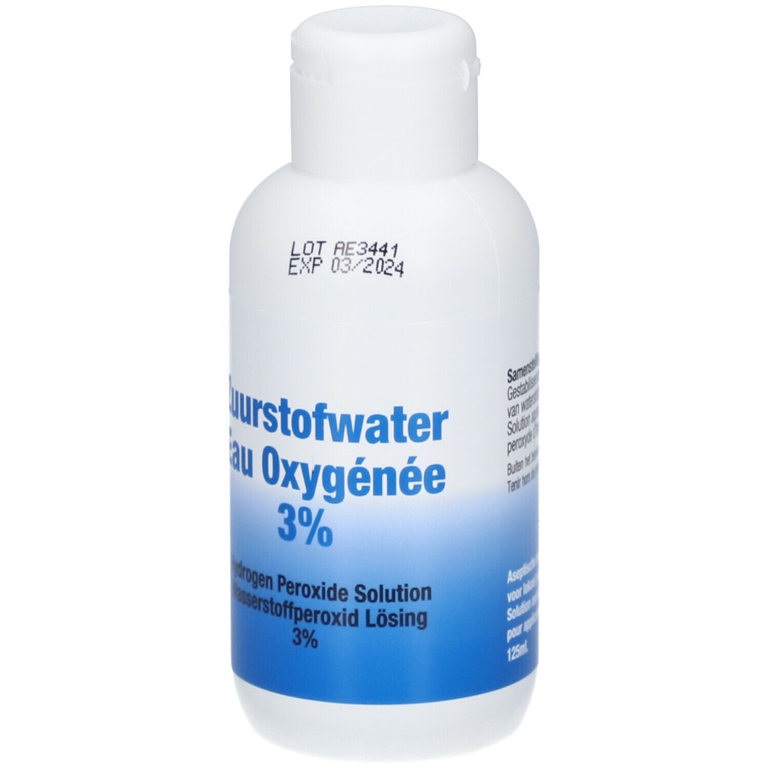 Flacon blanc avec étiquette bleue. Inscription: Zuurstofwater Eau Oxygénée 3%. Contient une solution de peroxyde d'hydrogène.