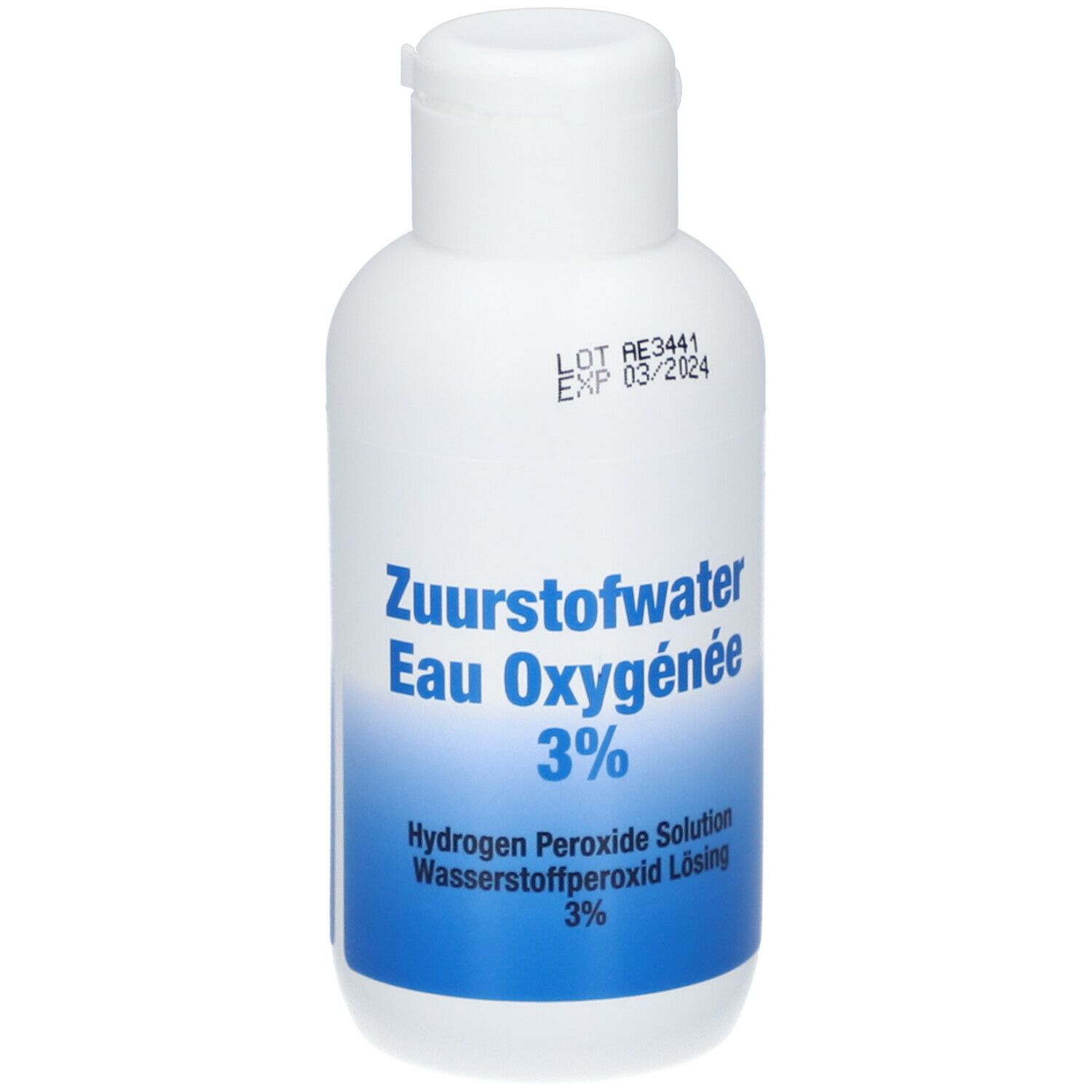 Flacon blanc avec étiquette bleue. Inscription: Zuurstofwater Eau Oxygénée 3%. Contient une solution de peroxyde d'hydrogène.