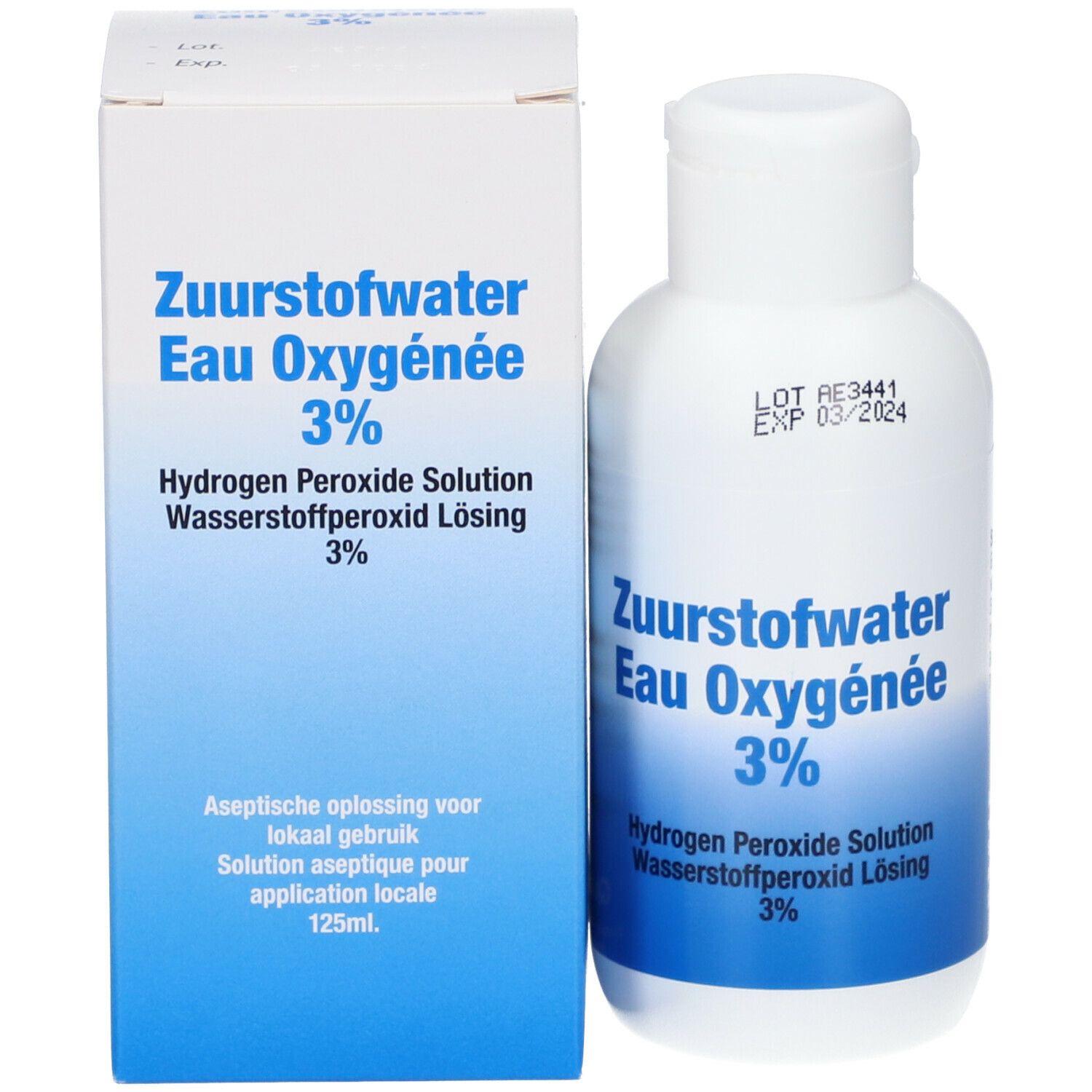 Flacon et emballage. Inscription: Zuurstofwater Eau Oxygénée 3%. Contient une solution de peroxyde d'hydrogène.
